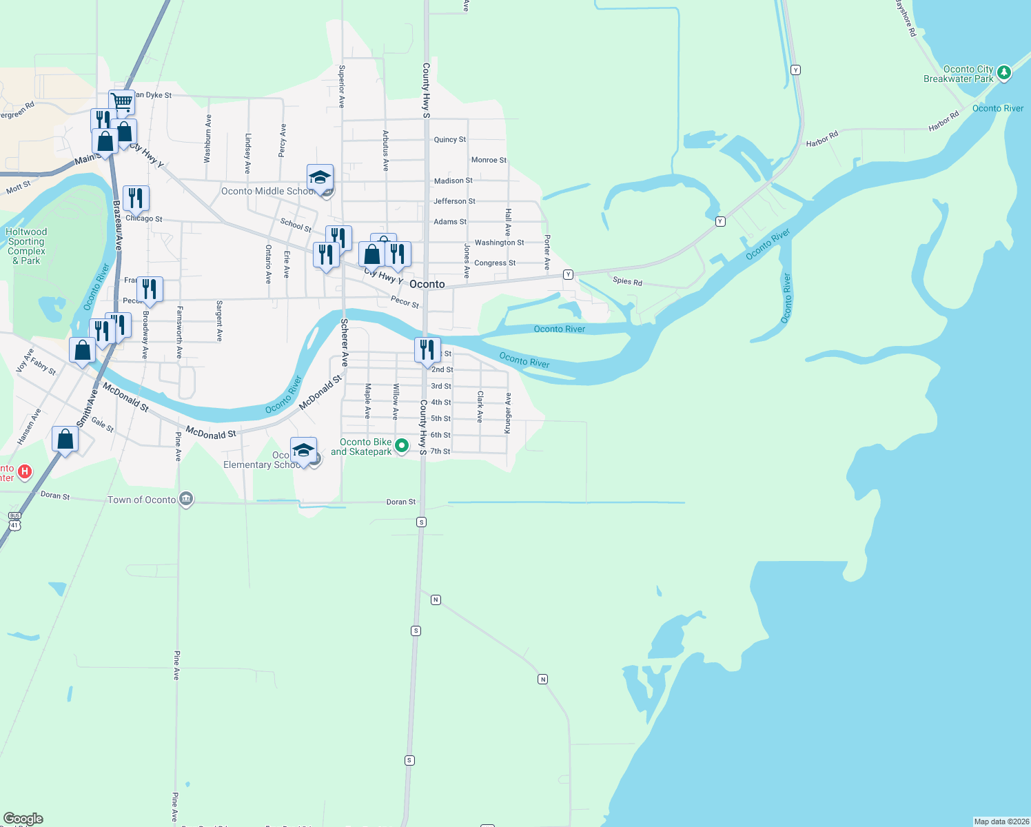 map of restaurants, bars, coffee shops, grocery stores, and more near 702 5th Street in Oconto