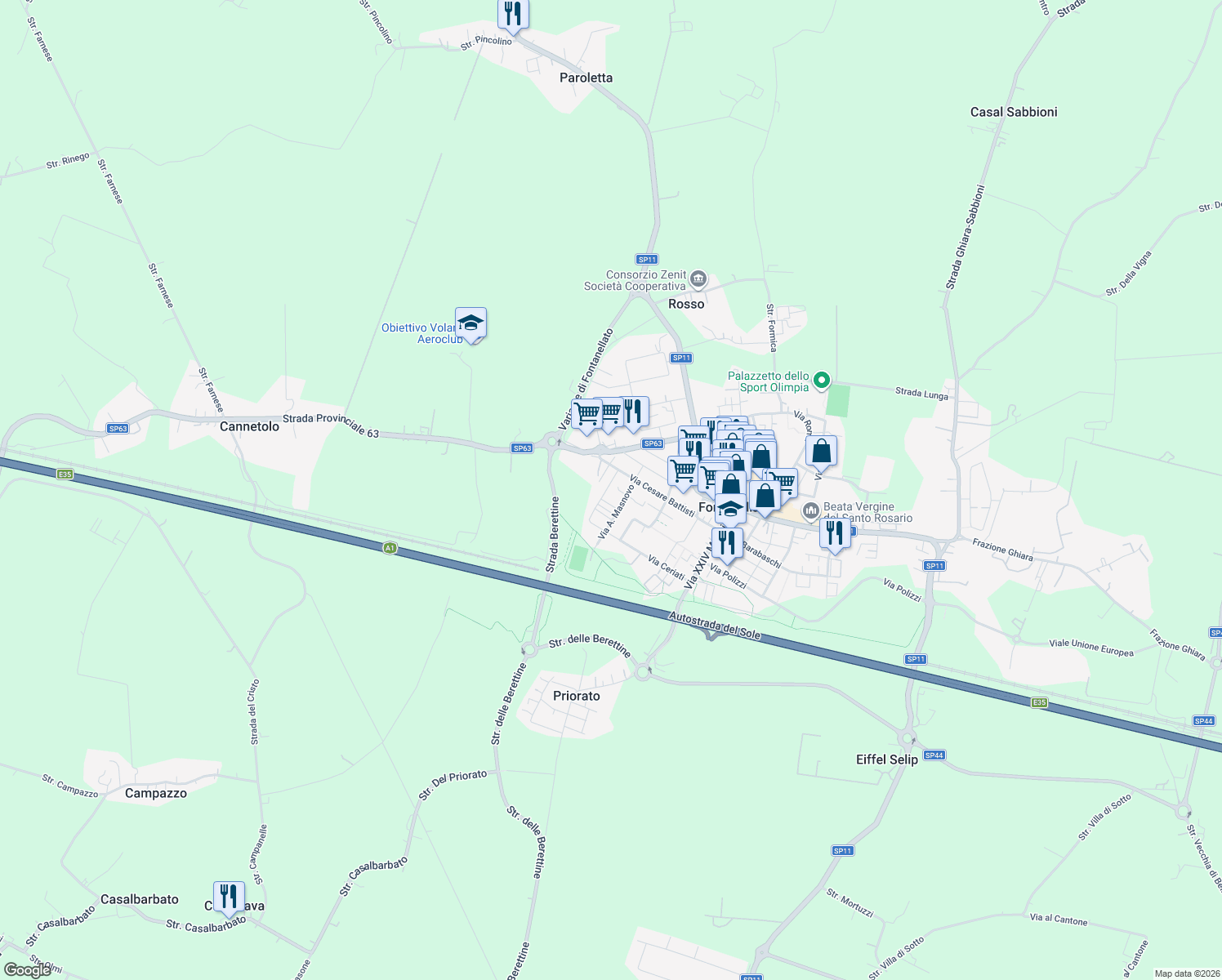 map of restaurants, bars, coffee shops, grocery stores, and more near 9 Via Bussolati in Fontanellato