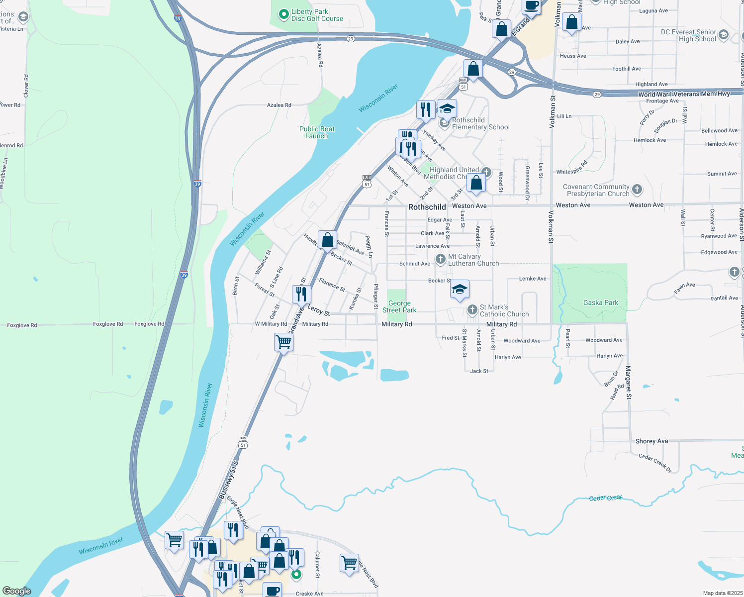 map of restaurants, bars, coffee shops, grocery stores, and more near 214 Florence St in Rothschild
