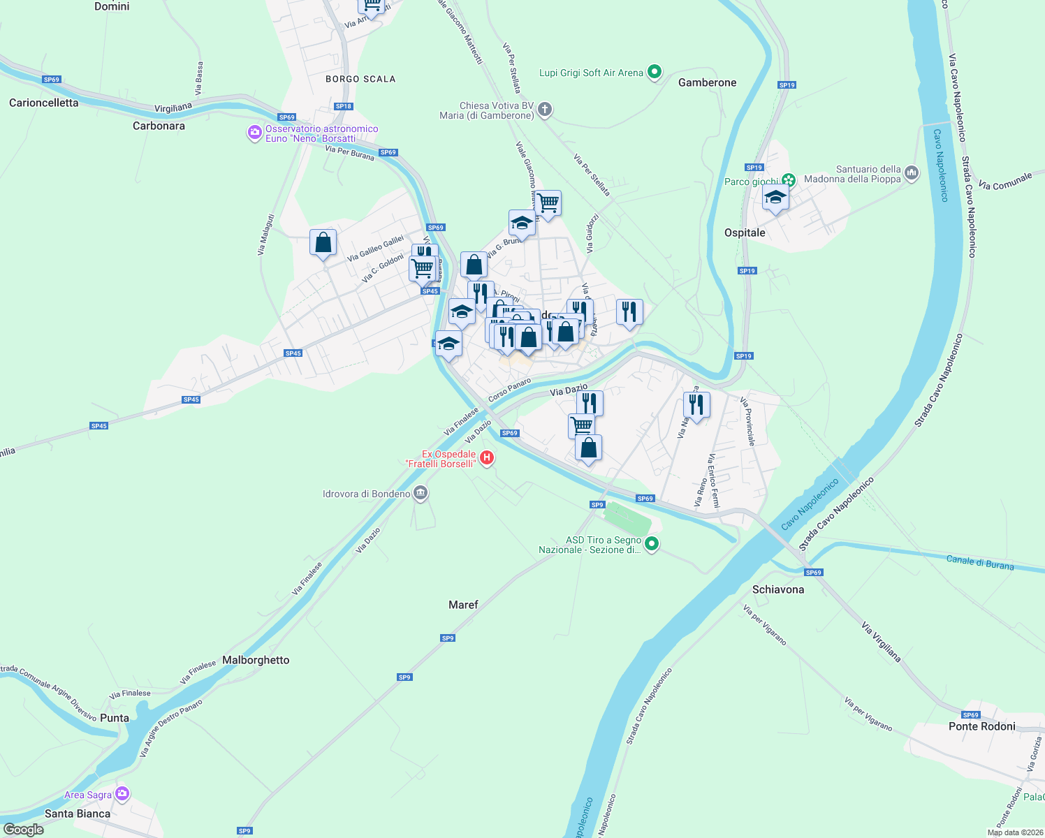 map of restaurants, bars, coffee shops, grocery stores, and more near 83 Via Dazio in Bondeno