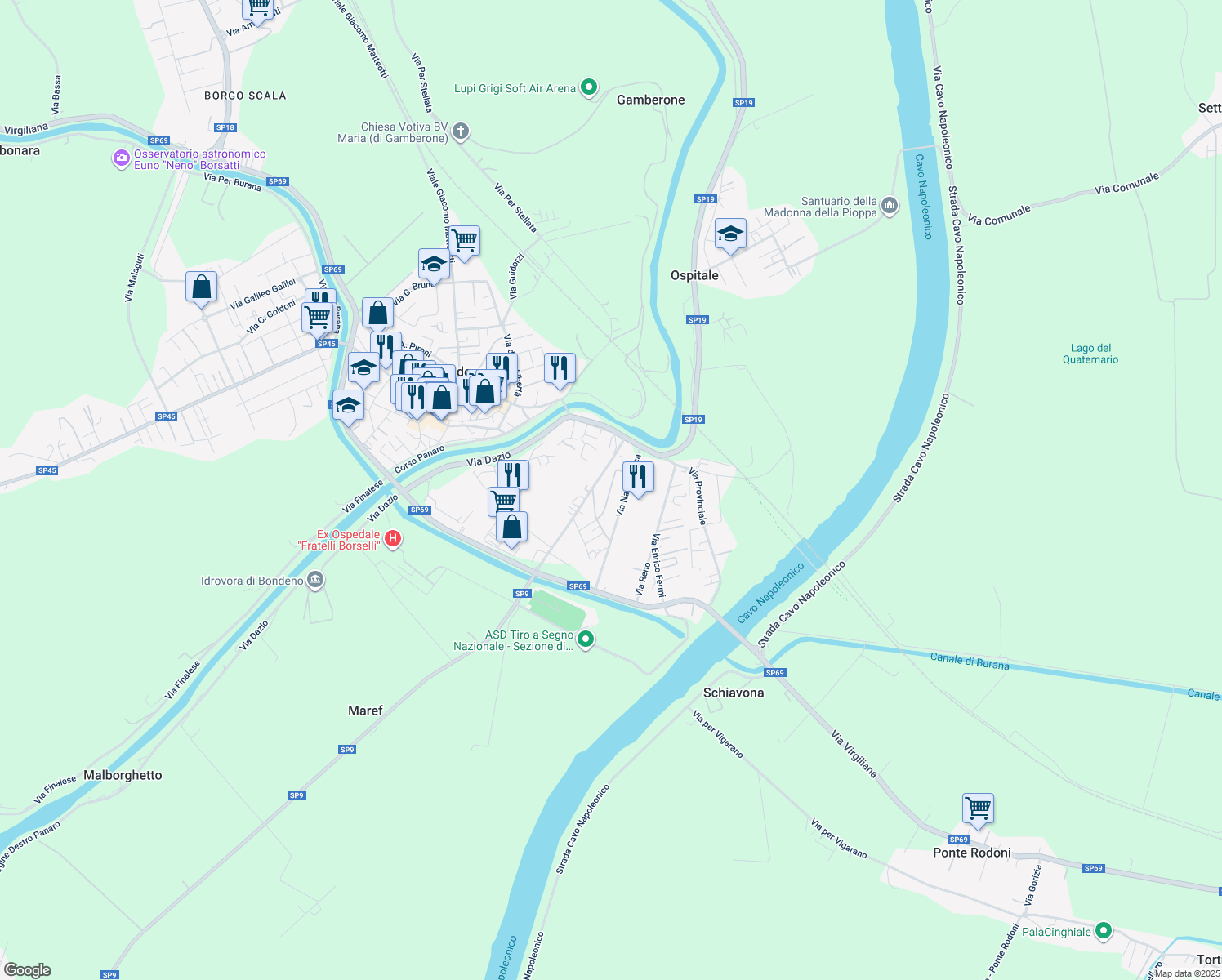 map of restaurants, bars, coffee shops, grocery stores, and more near 19 Via Nino Bixio in Bondeno