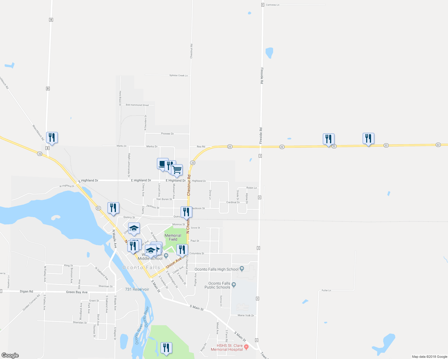 map of restaurants, bars, coffee shops, grocery stores, and more near 803 Highland Drive in Oconto Falls