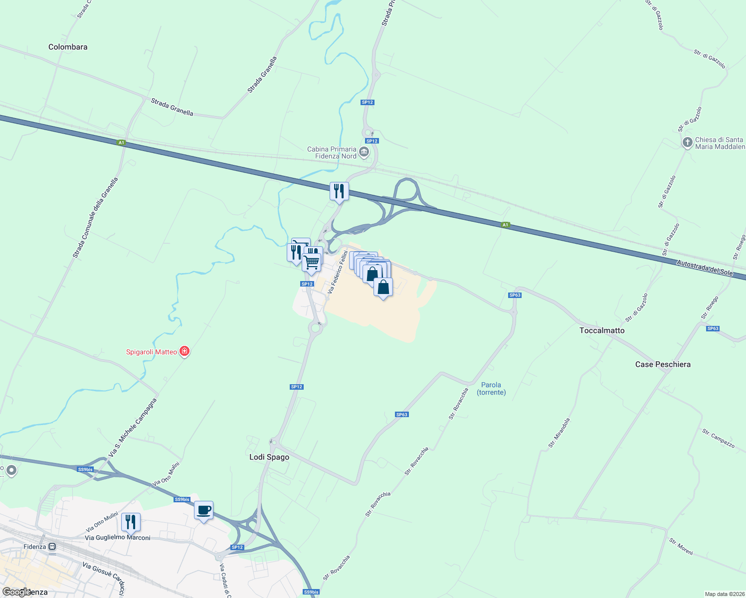 map of restaurants, bars, coffee shops, grocery stores, and more near 1 Via Federico Fellini in Provincia di Parma