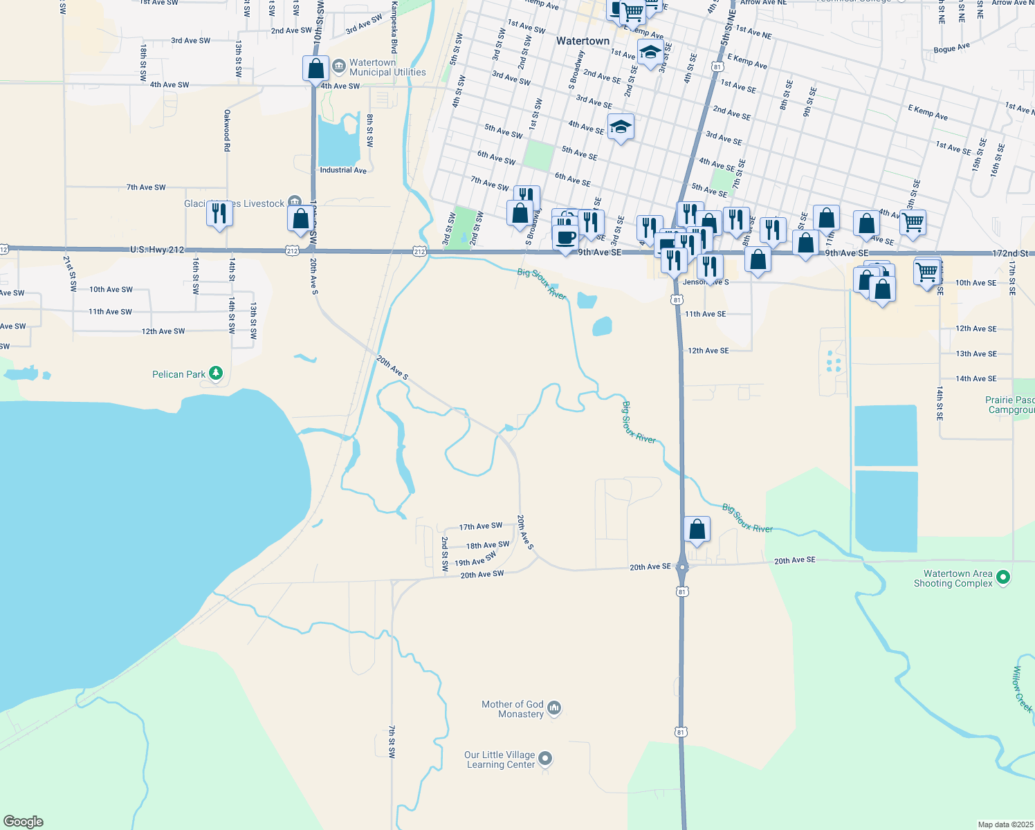 map of restaurants, bars, coffee shops, grocery stores, and more near Larabee Rd in Watertown