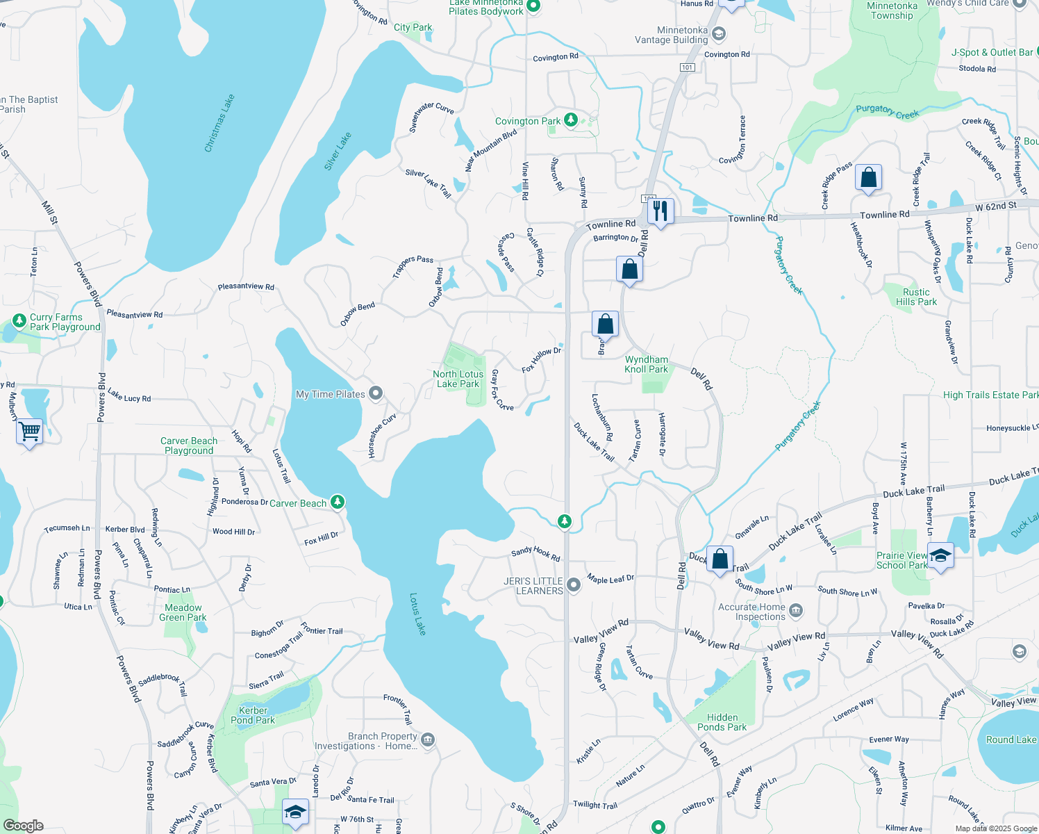 map of restaurants, bars, coffee shops, grocery stores, and more near 6531 Gray Fox Curve in Chanhassen
