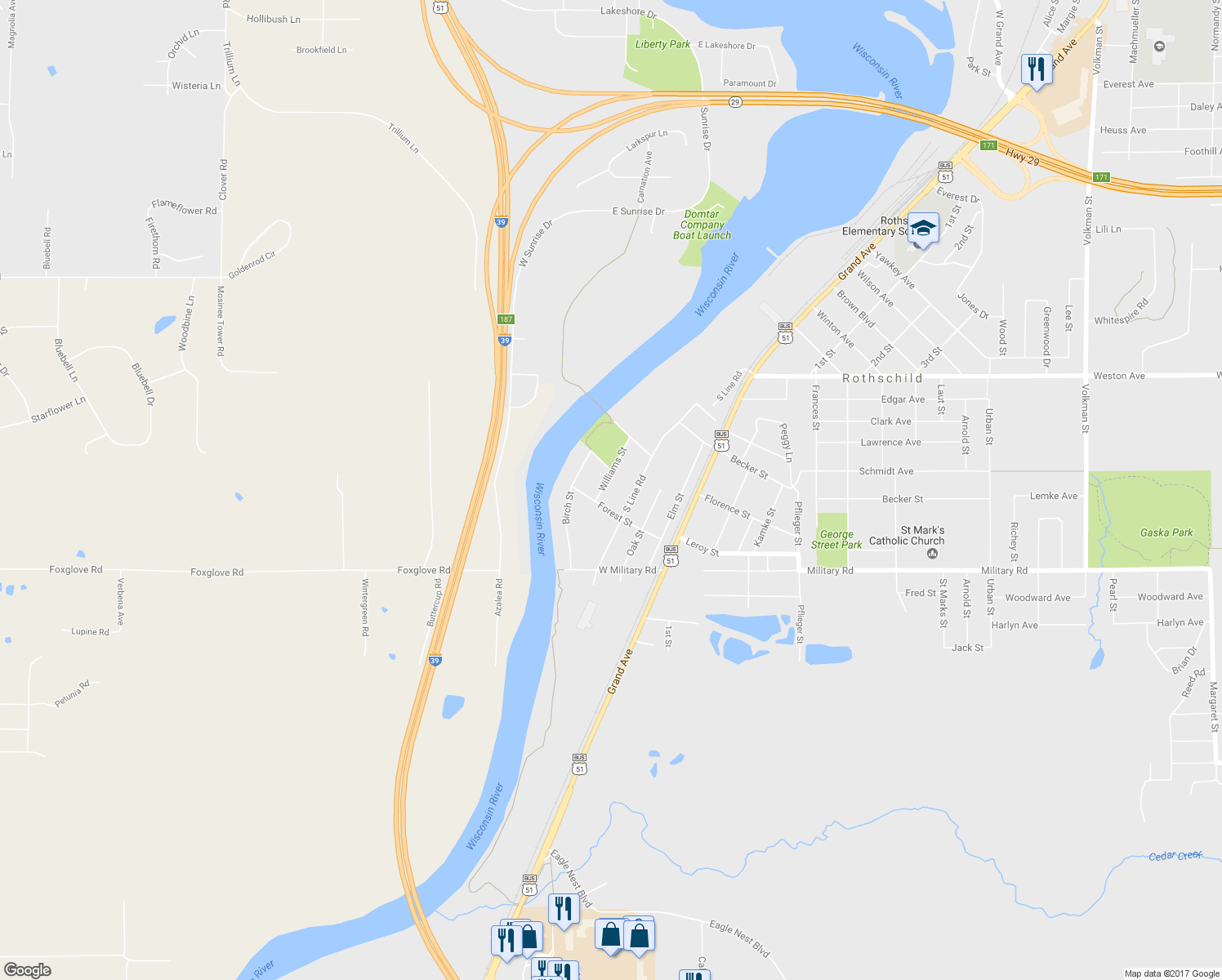 map of restaurants, bars, coffee shops, grocery stores, and more near 609 Williams Street in Rothschild