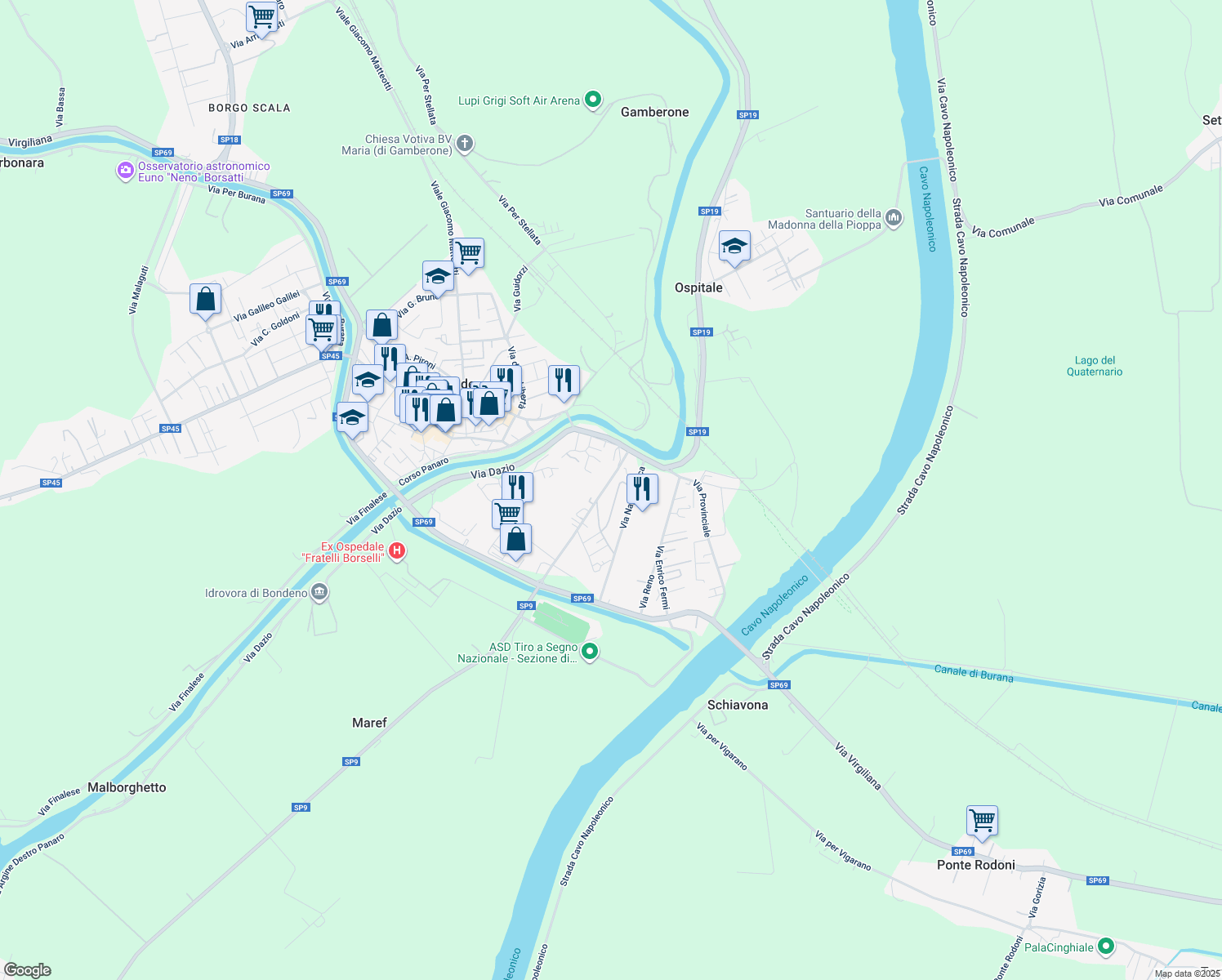 map of restaurants, bars, coffee shops, grocery stores, and more near 19 Via Nino Bixio in Bondeno