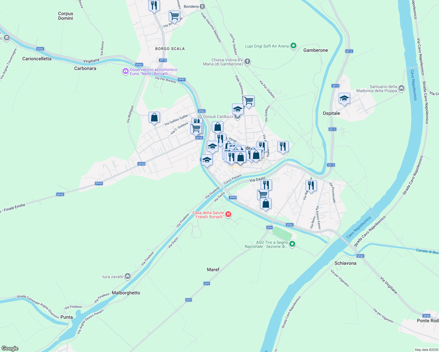 map of restaurants, bars, coffee shops, grocery stores, and more near 94 Corso Panaro in Bondeno