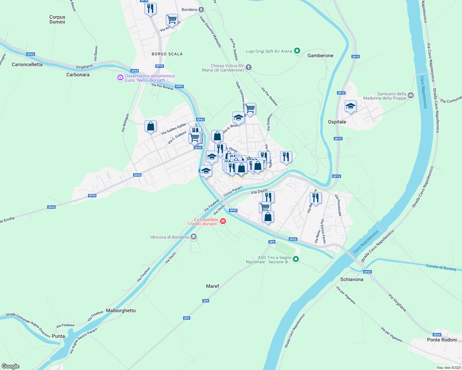 map of restaurants, bars, coffee shops, grocery stores, and more near 37 Vicolo Case Operaie in Bondeno