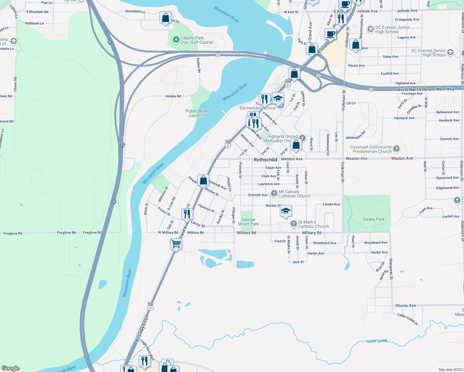 map of restaurants, bars, coffee shops, grocery stores, and more near 303 Peggy Ln in Rothschild