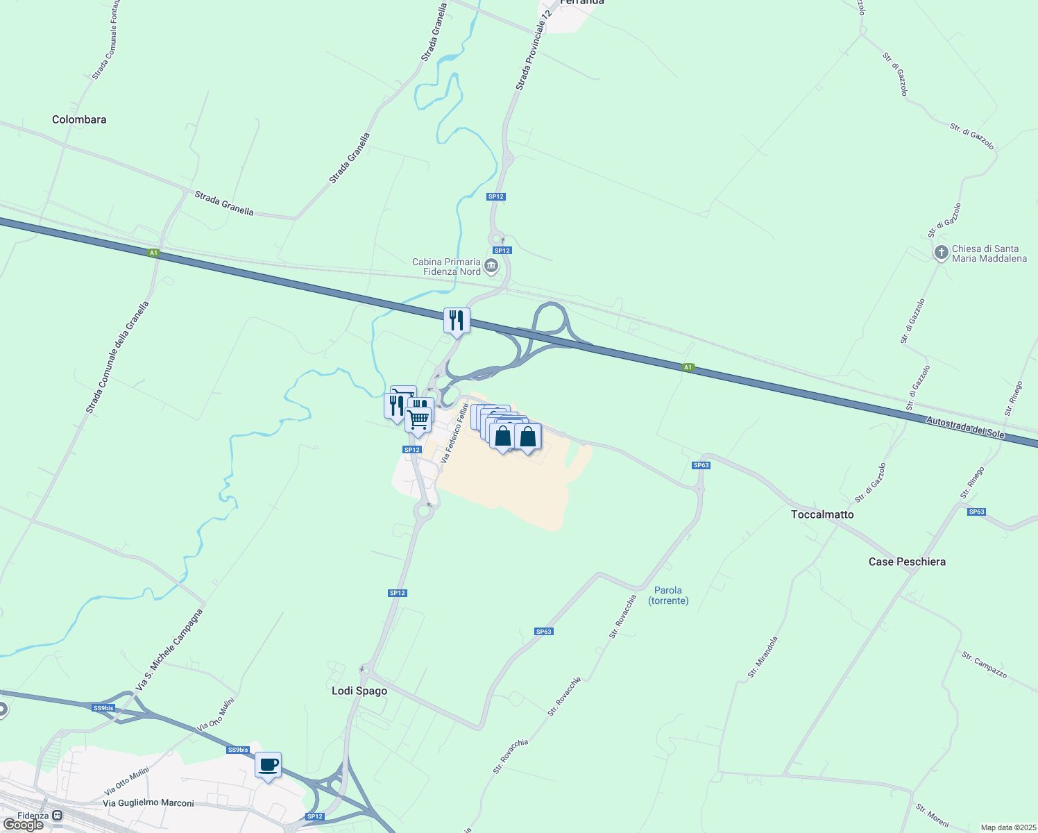map of restaurants, bars, coffee shops, grocery stores, and more near Via Federico Fellini in Provincia di Parma