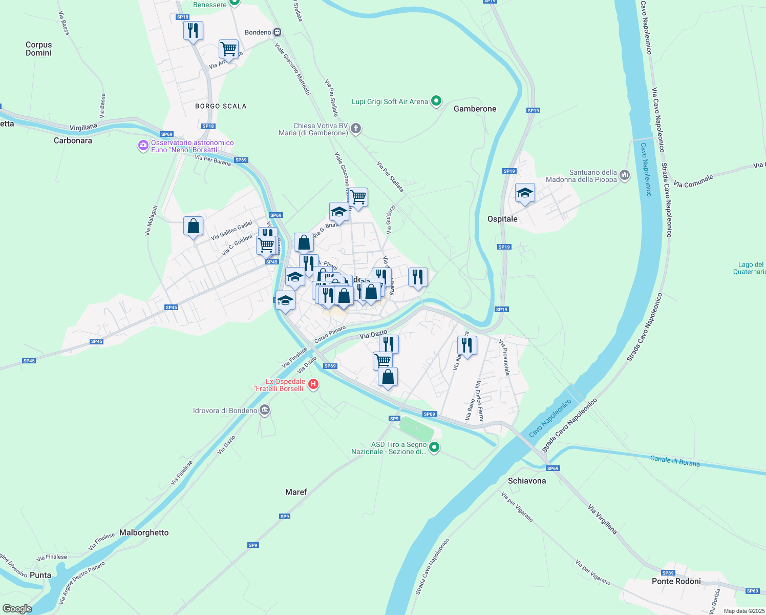 map of restaurants, bars, coffee shops, grocery stores, and more near 15 Via Pironi A. in Bondeno