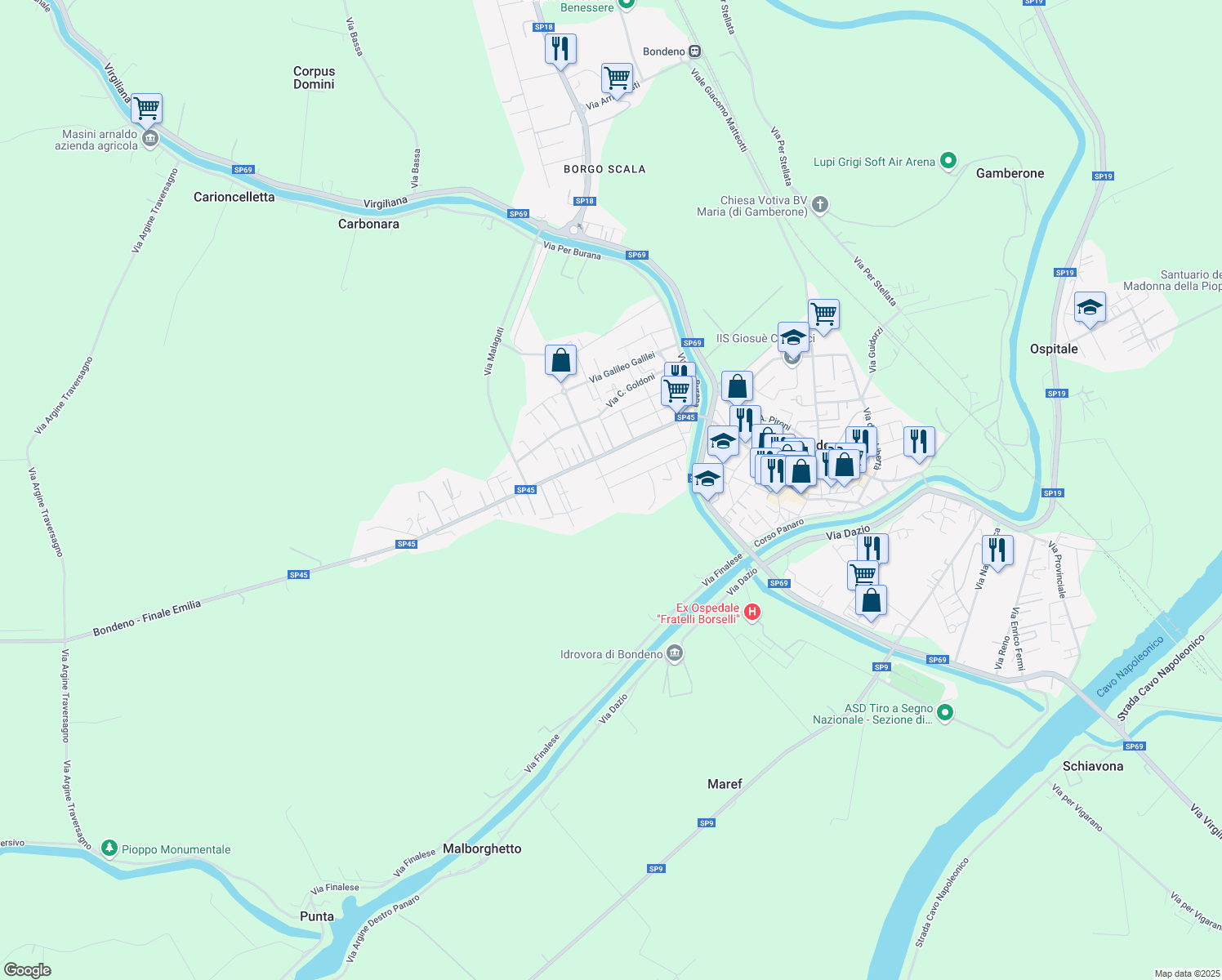 map of restaurants, bars, coffee shops, grocery stores, and more near 67 Via V. Alfieri in Bondeno
