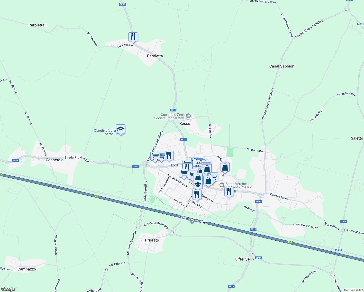 map of restaurants, bars, coffee shops, grocery stores, and more near 21A Via Pietro Nenni in Fontanellato
