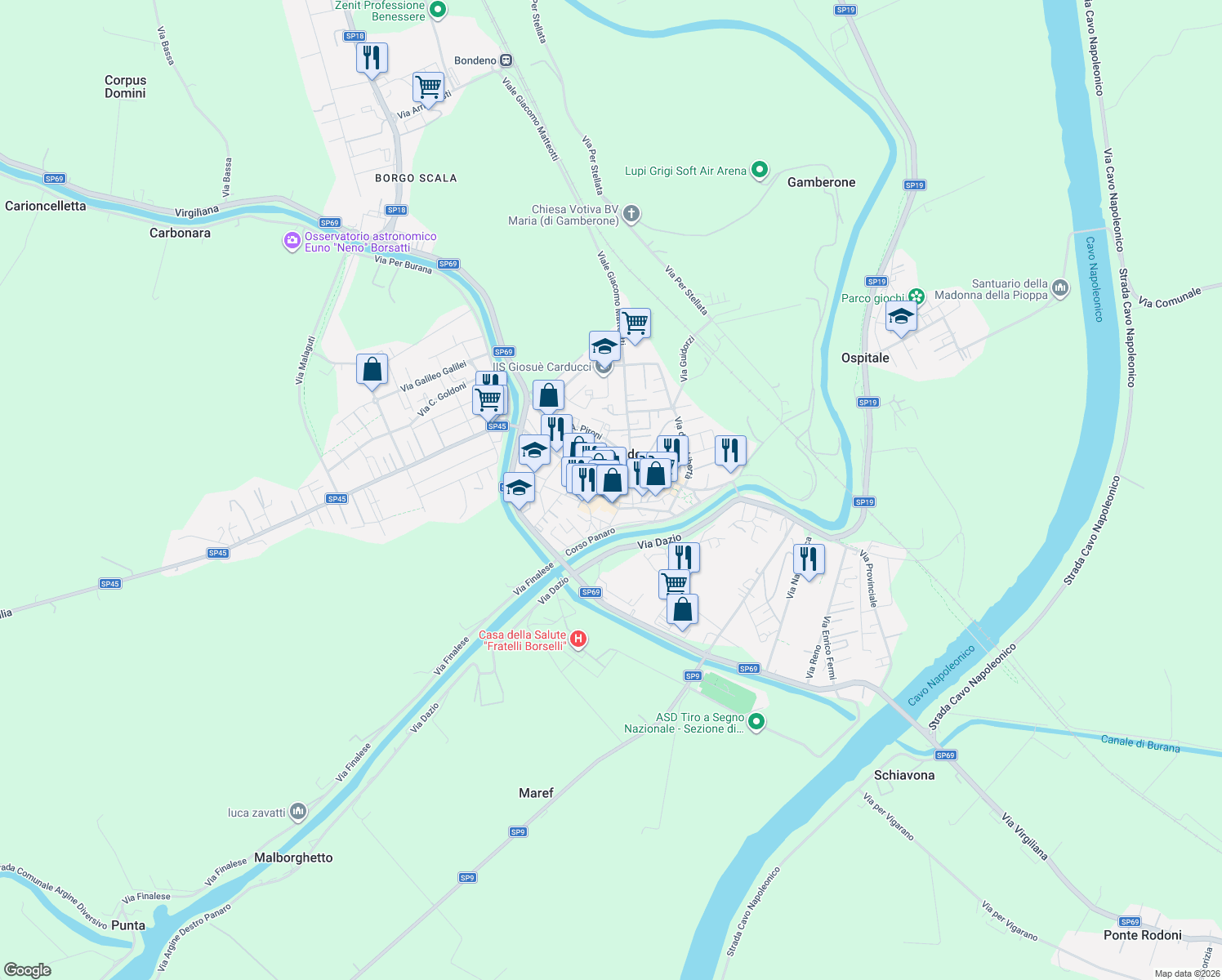 map of restaurants, bars, coffee shops, grocery stores, and more near 3 Via Bonati T. in Bondeno