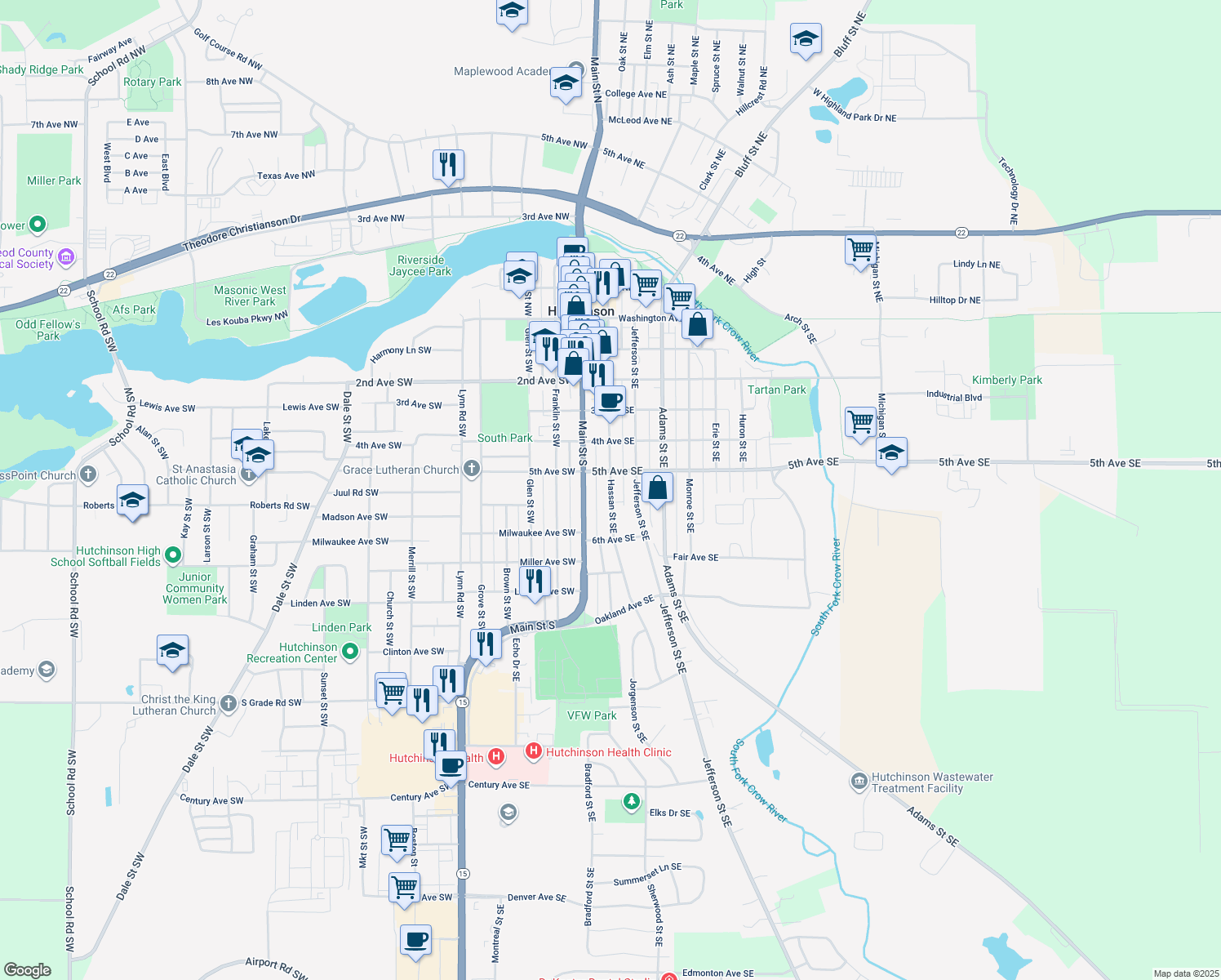 map of restaurants, bars, coffee shops, grocery stores, and more near 526 Hassan Street Southeast in Hutchinson