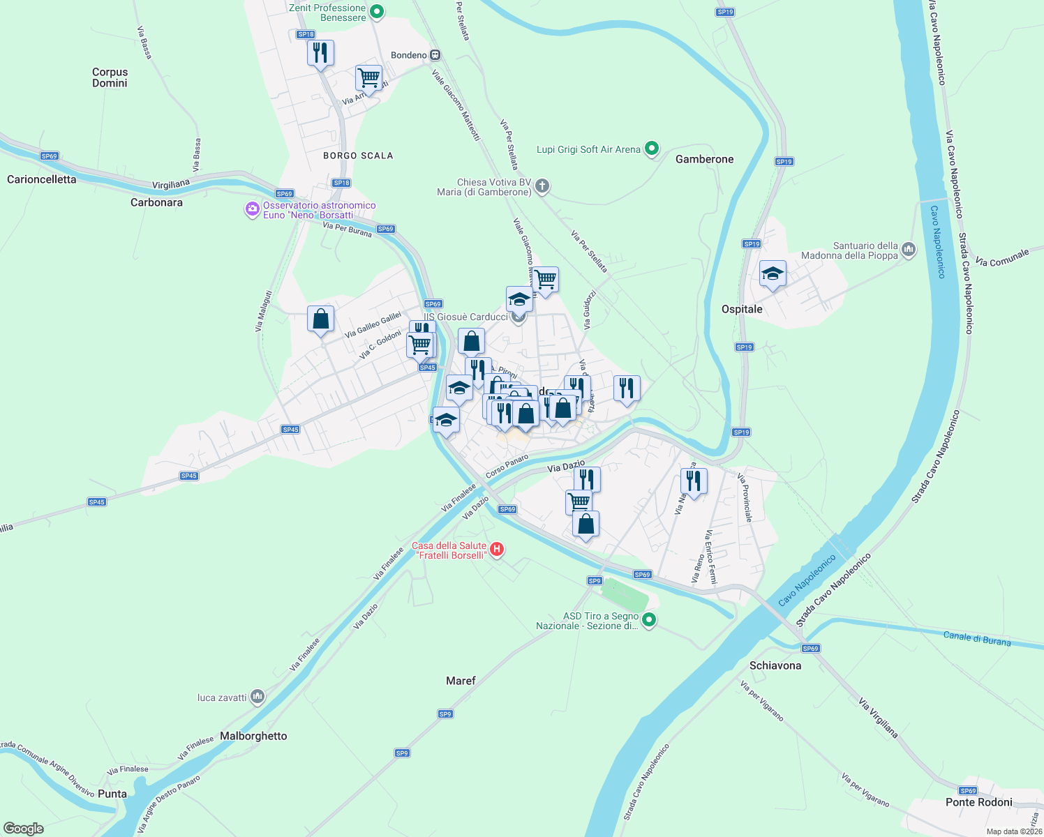 map of restaurants, bars, coffee shops, grocery stores, and more near 3 Via Bonati T. in Bondeno