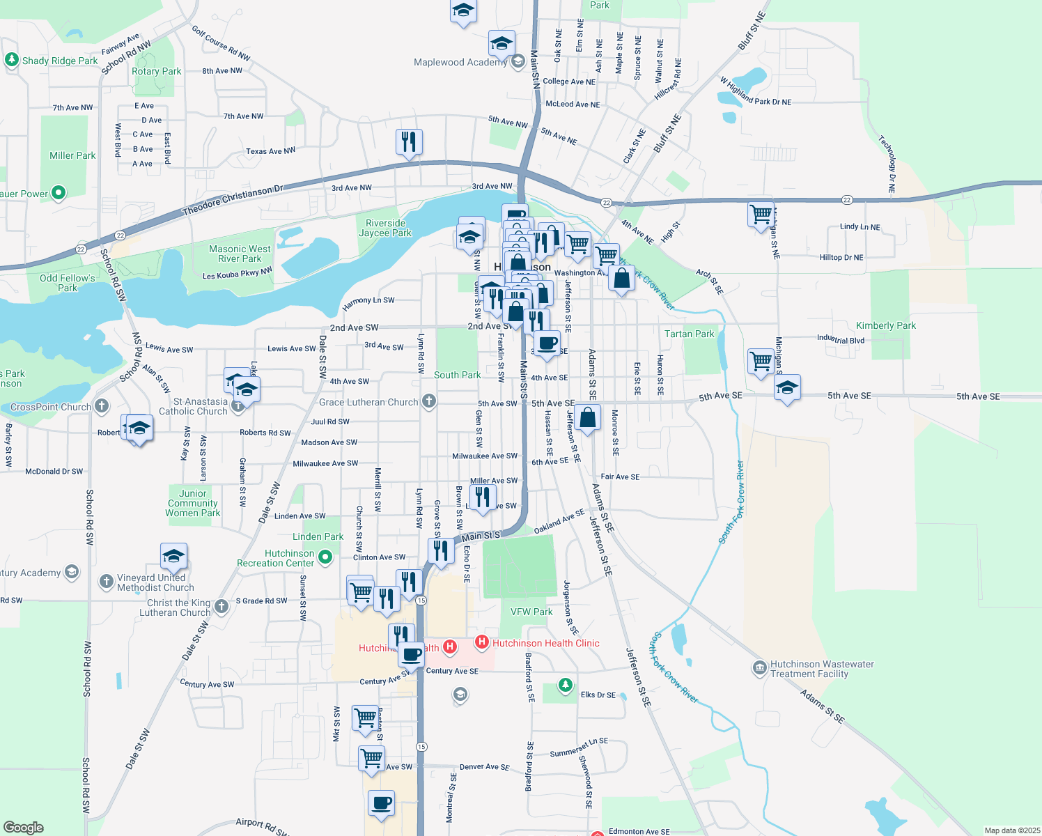 map of restaurants, bars, coffee shops, grocery stores, and more near 526 Main Street South in Hutchinson