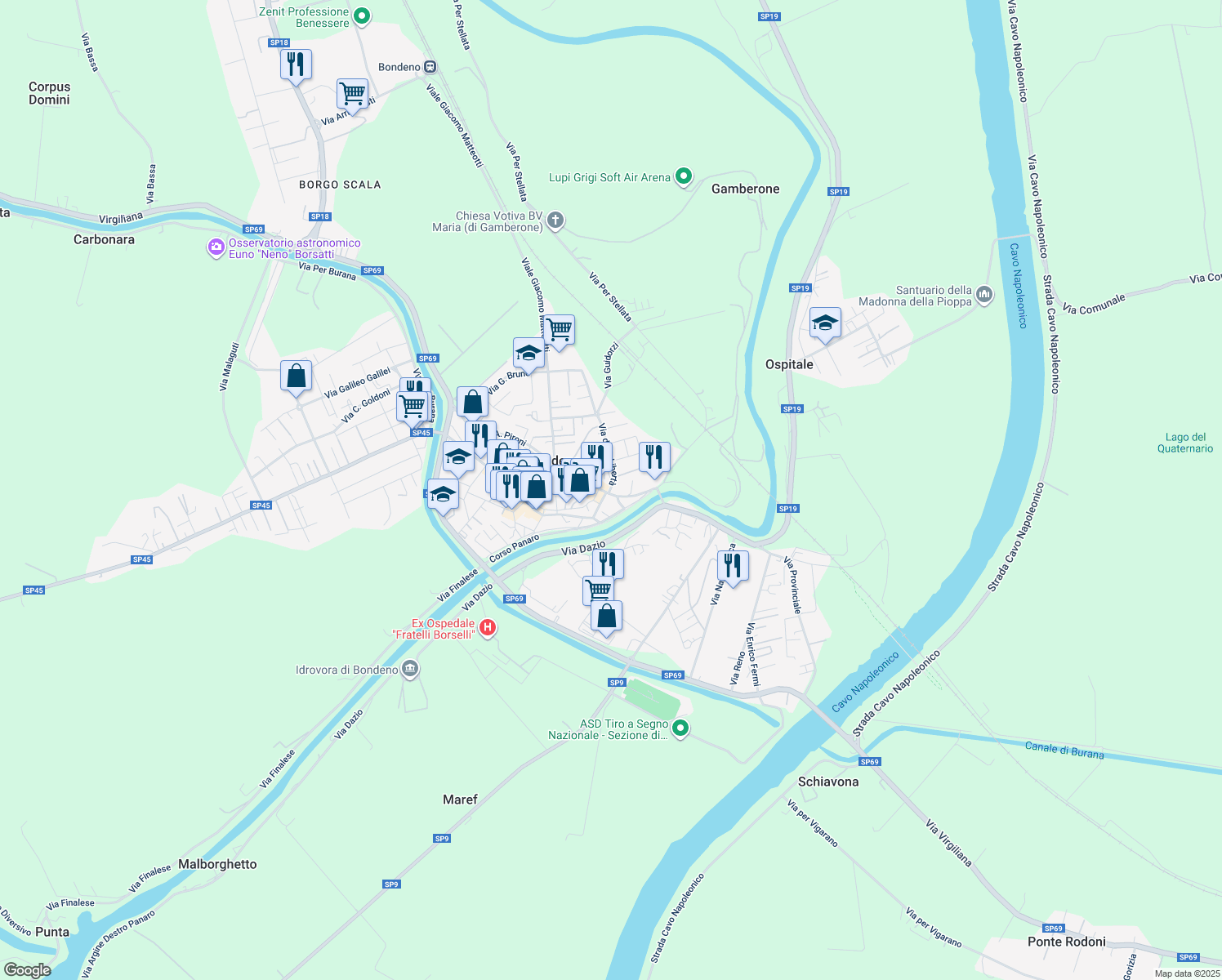 map of restaurants, bars, coffee shops, grocery stores, and more near Via Antonio Pironi in Bondeno