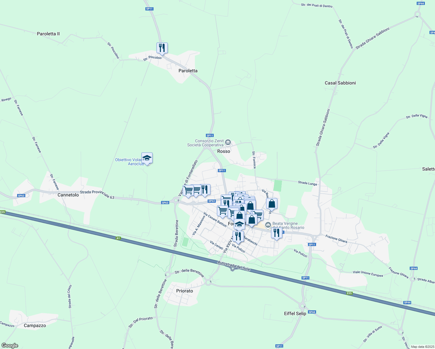 map of restaurants, bars, coffee shops, grocery stores, and more near 21A Via Pietro Nenni in Fontanellato