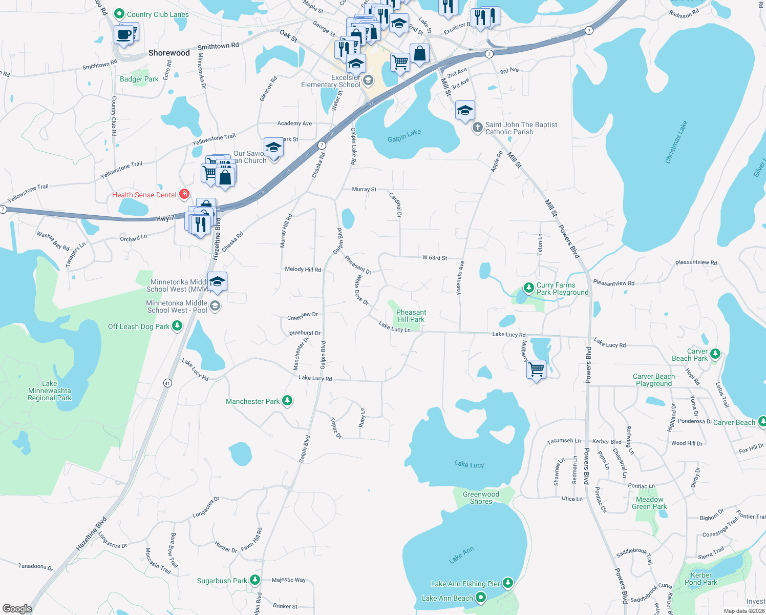 map of restaurants, bars, coffee shops, grocery stores, and more near 6511 White Dove Circle in Excelsior