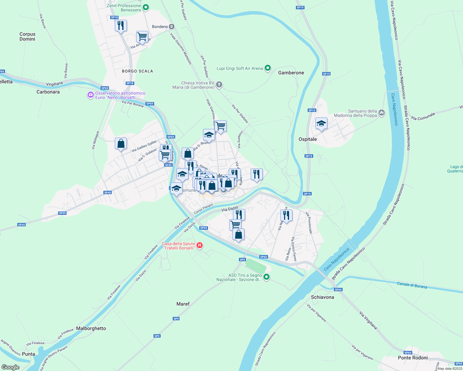 map of restaurants, bars, coffee shops, grocery stores, and more near 15 Via Pironi A. in Bondeno
