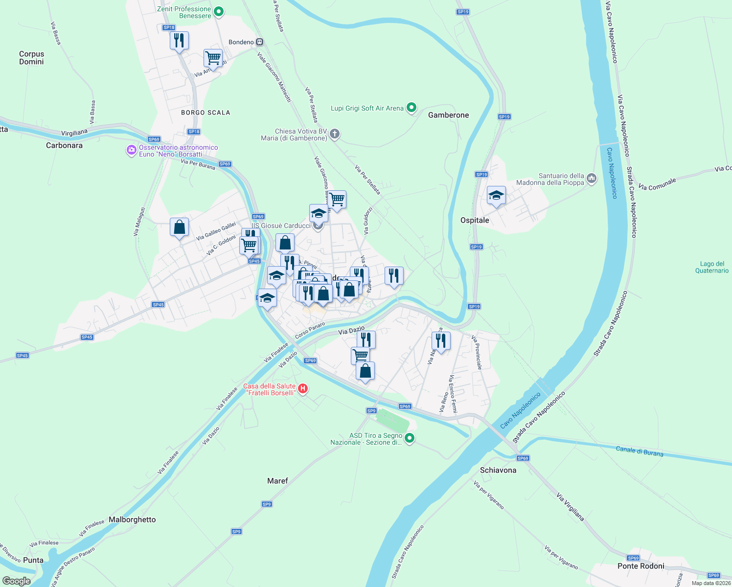 map of restaurants, bars, coffee shops, grocery stores, and more near Via Antonio Pironi in Bondeno