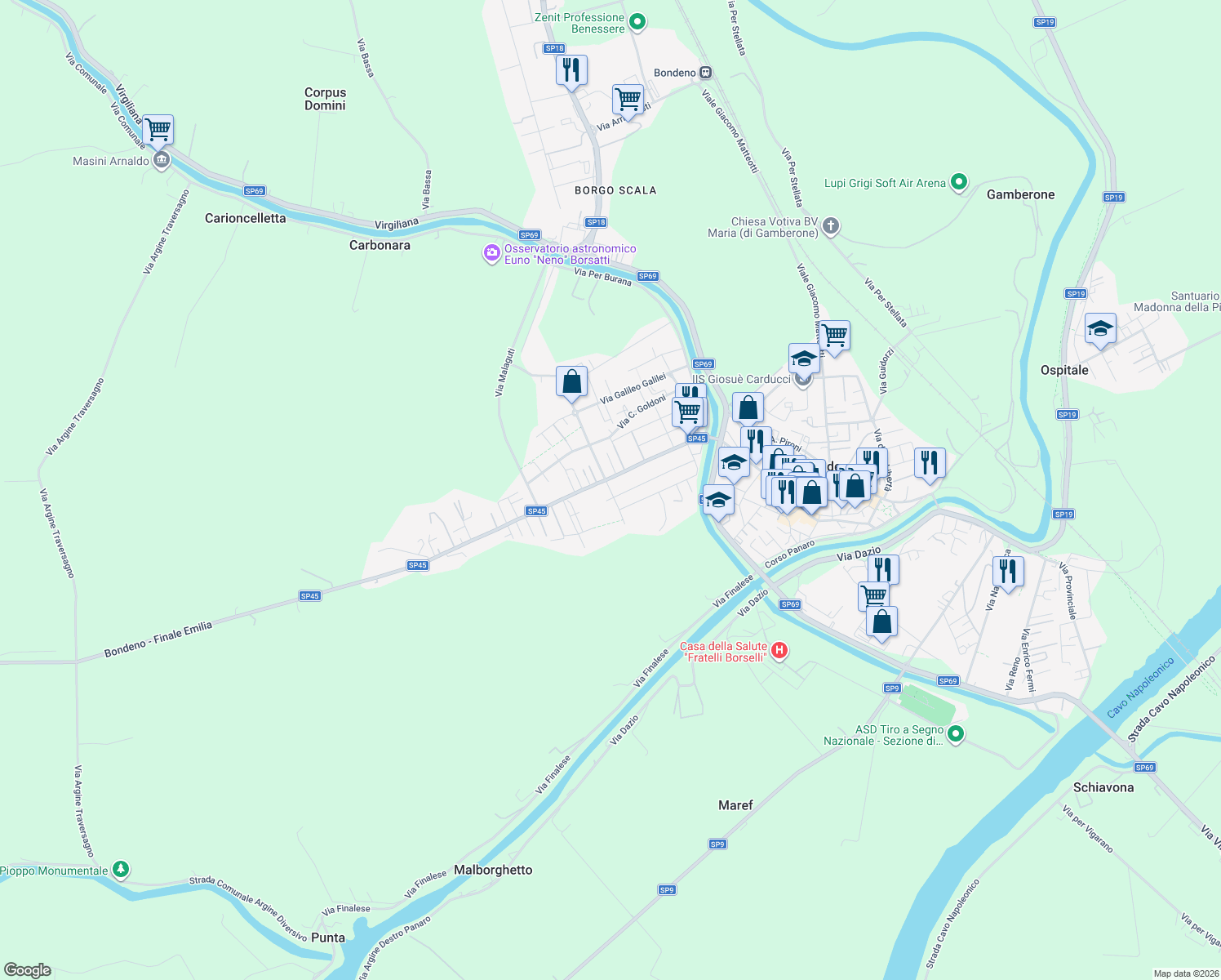 map of restaurants, bars, coffee shops, grocery stores, and more near 67 Via V. Alfieri in Bondeno