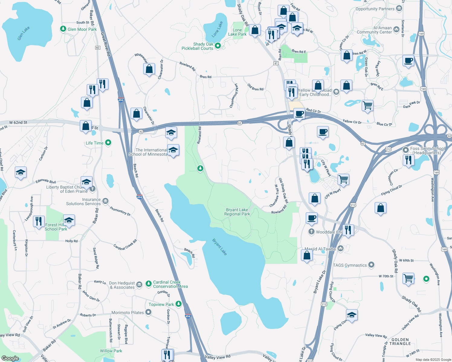 map of restaurants, bars, coffee shops, grocery stores, and more near 6472 Fallbrook Road in Eden Prairie