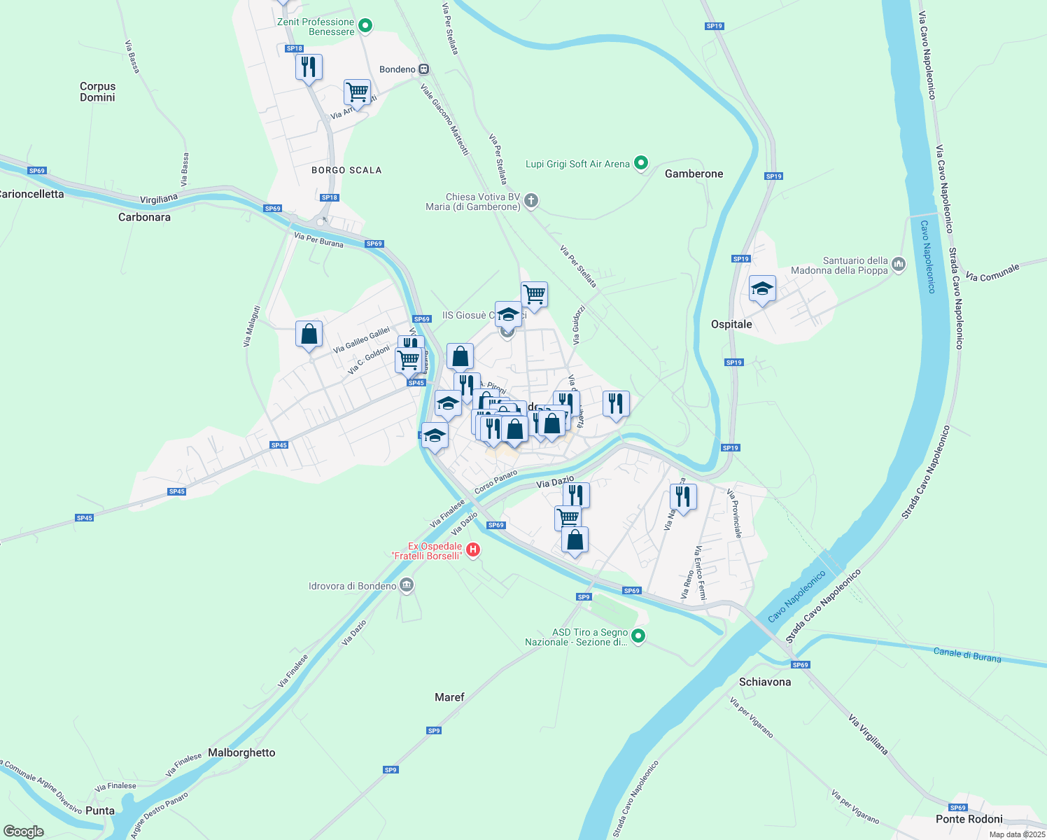 map of restaurants, bars, coffee shops, grocery stores, and more near 10 Piazza Giuseppe Garibaldi in Bondeno