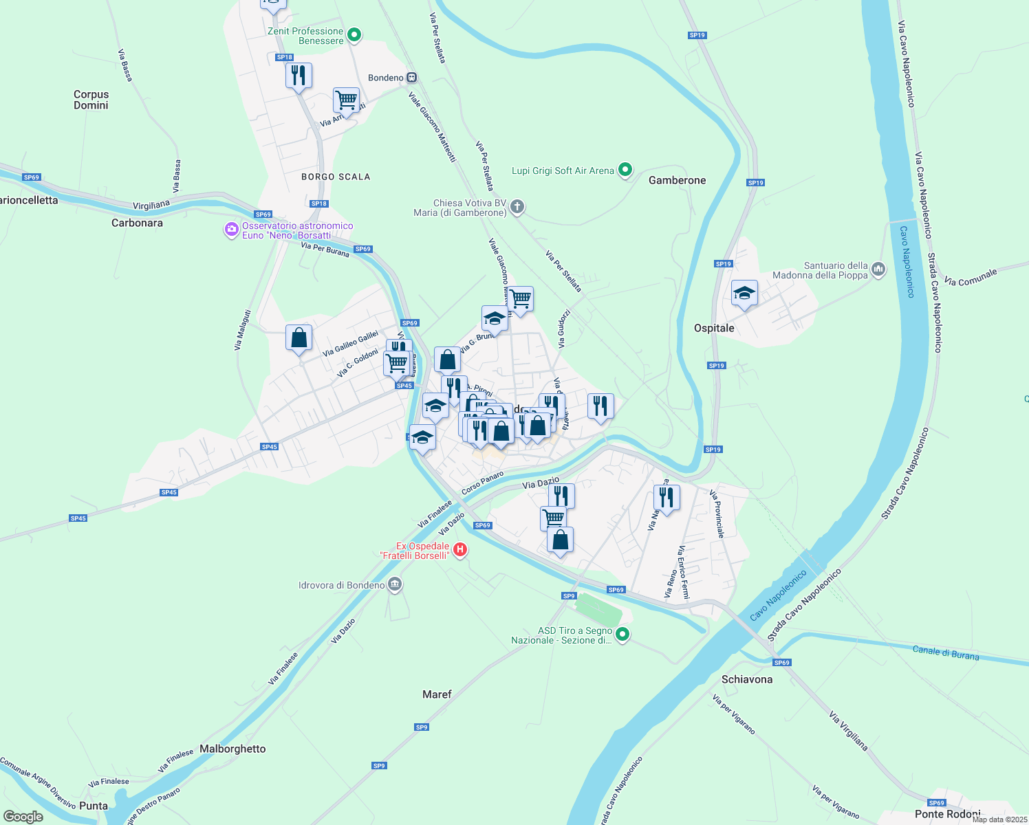 map of restaurants, bars, coffee shops, grocery stores, and more near 2-4 Viale Giacomo Matteotti in Bondeno