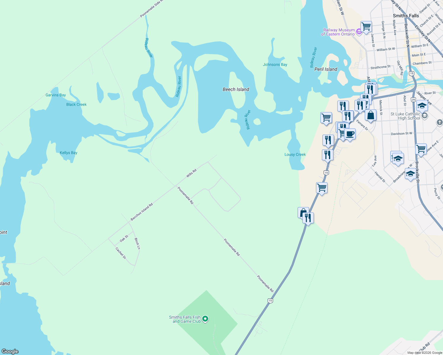 map of restaurants, bars, coffee shops, grocery stores, and more near 30 Basswood Crescent in Smiths Falls