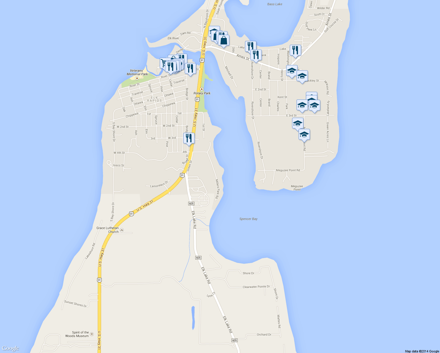 map of restaurants, bars, coffee shops, grocery stores, and more near 845 Millers Park Road in Elk Rapids