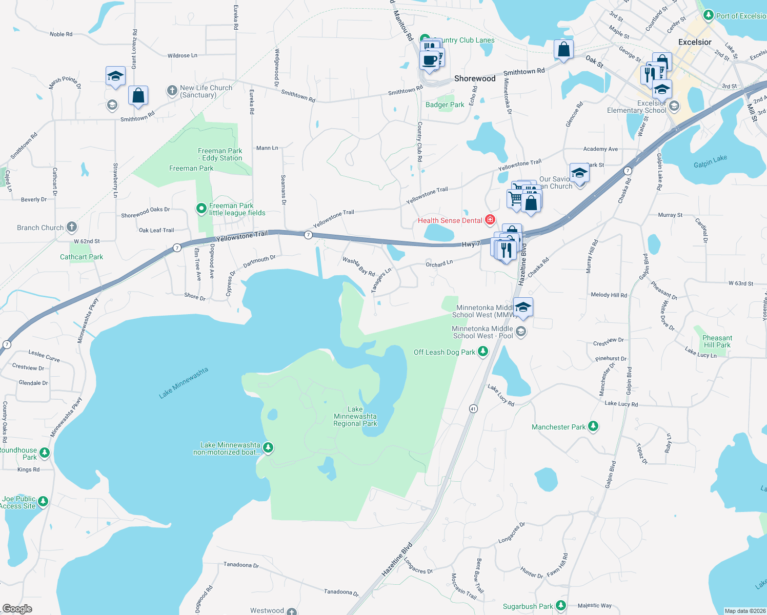 map of restaurants, bars, coffee shops, grocery stores, and more near 6455 Tanagers Point in Excelsior
