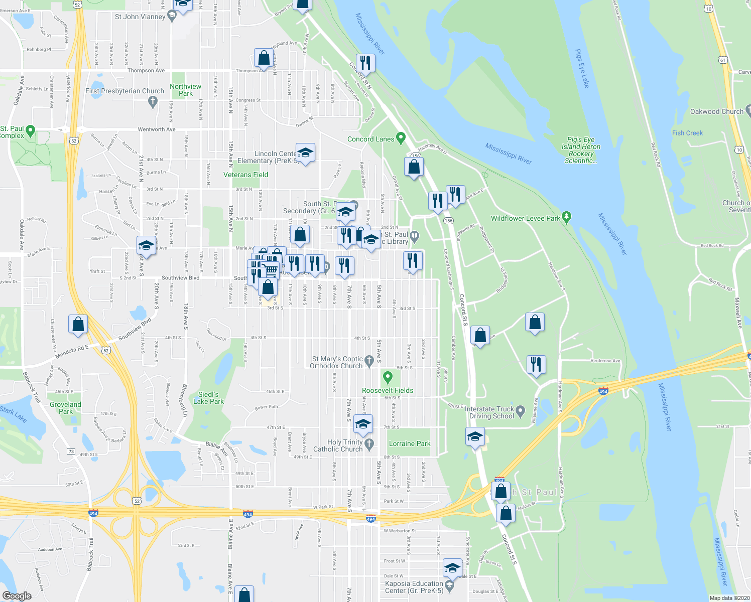 map of restaurants, bars, coffee shops, grocery stores, and more near 244 5th Avenue South in South Saint Paul
