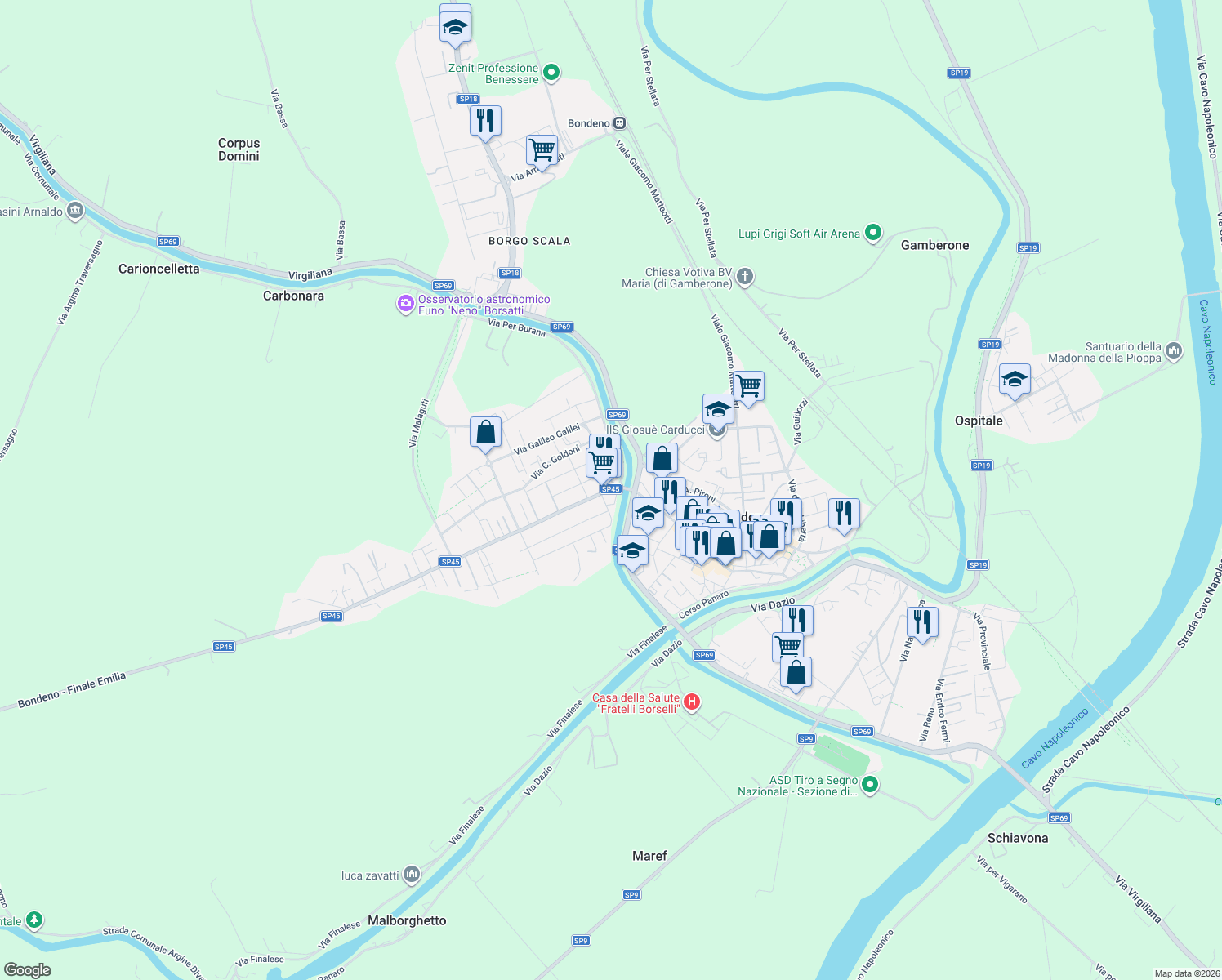 map of restaurants, bars, coffee shops, grocery stores, and more near 14B Via XX Settembre in Bondeno