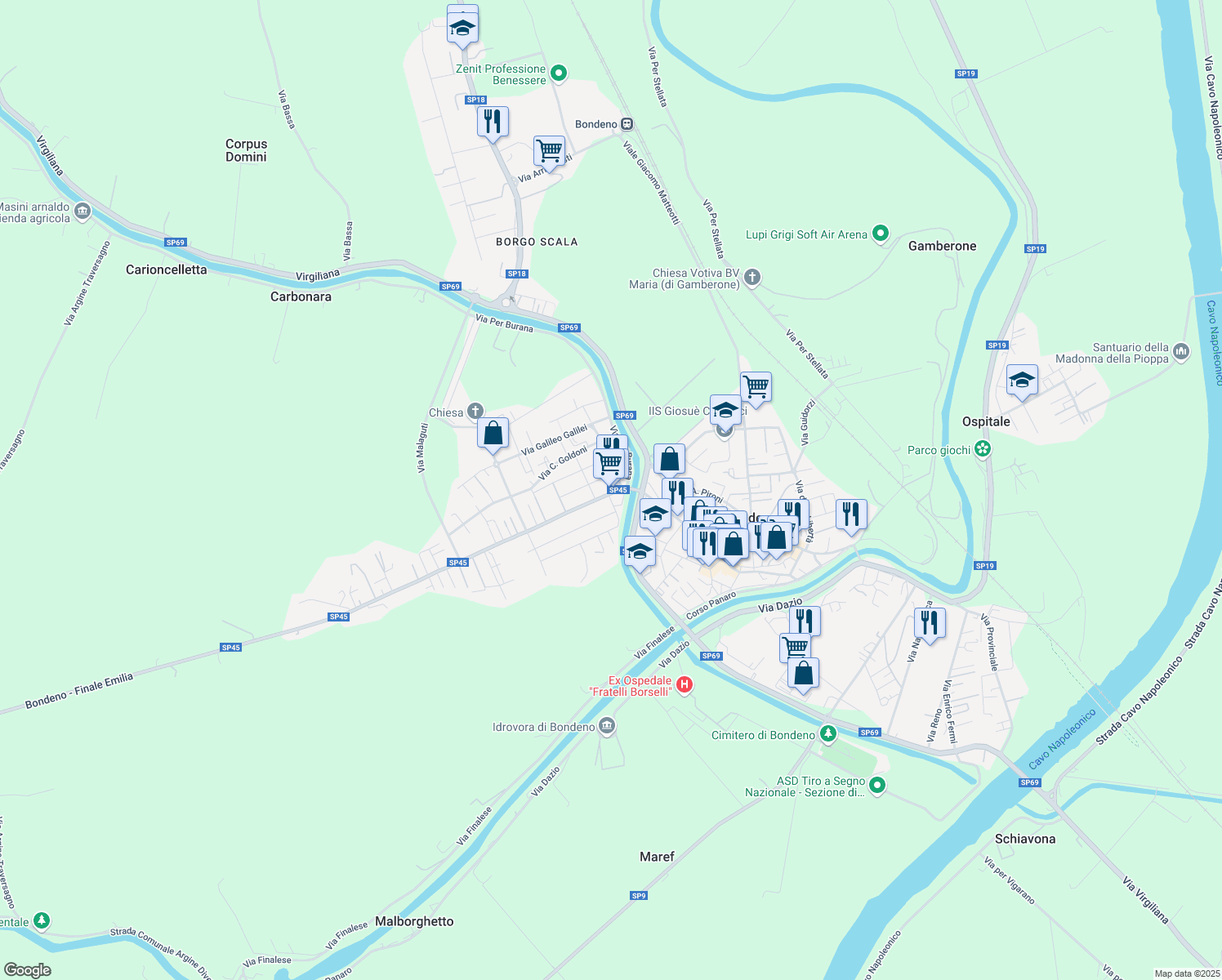 map of restaurants, bars, coffee shops, grocery stores, and more near 14B Via XX Settembre in Bondeno