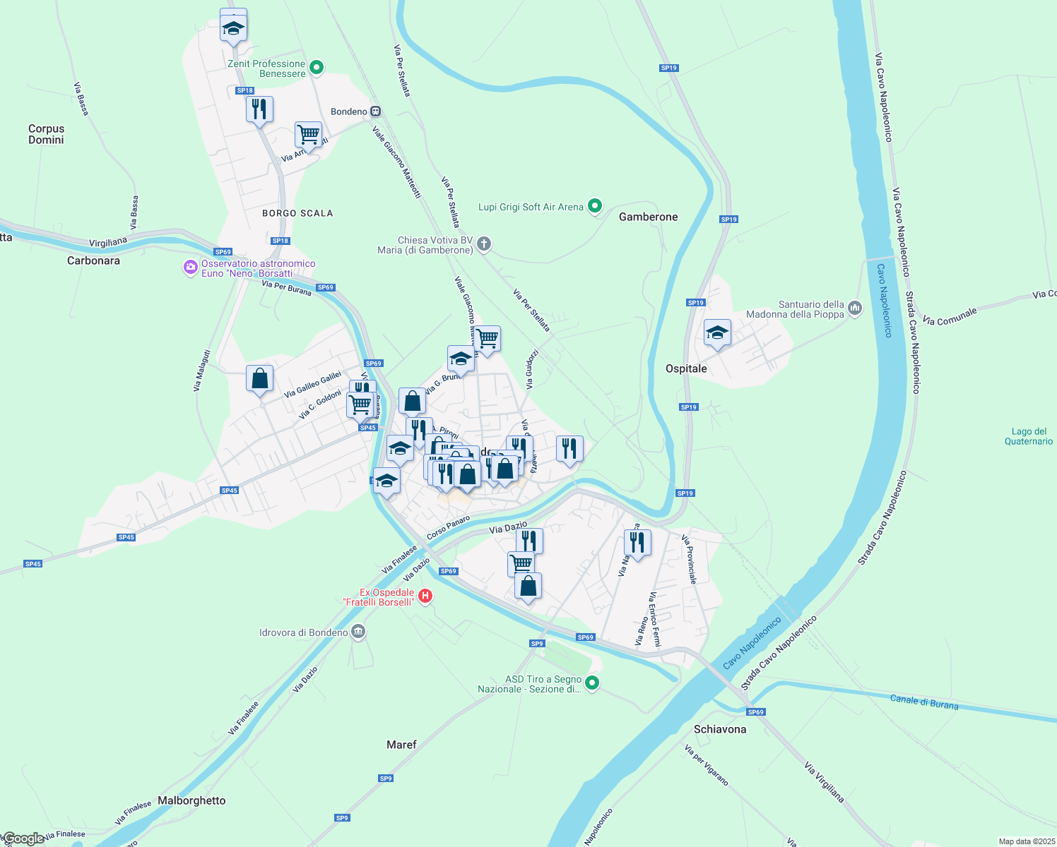 map of restaurants, bars, coffee shops, grocery stores, and more near 19 Via XXV Aprile in Bondeno
