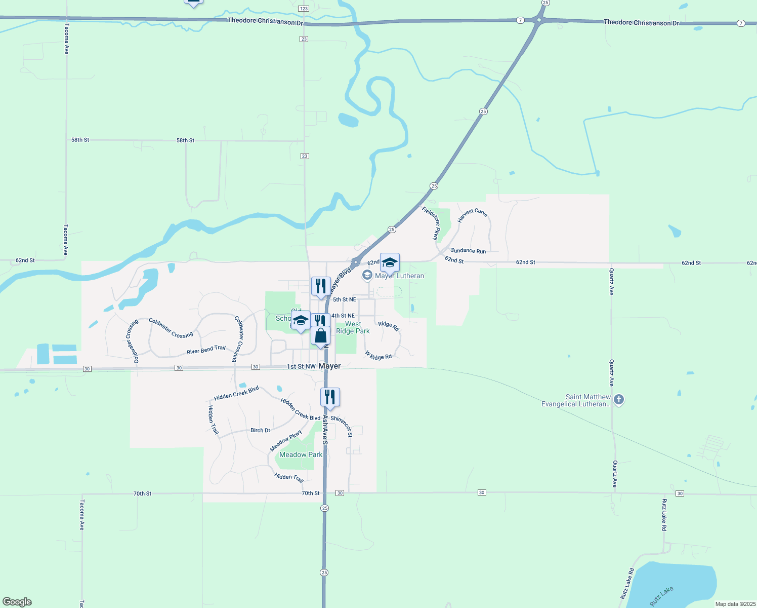 map of restaurants, bars, coffee shops, grocery stores, and more near 404 5th Street Northeast in Mayer
