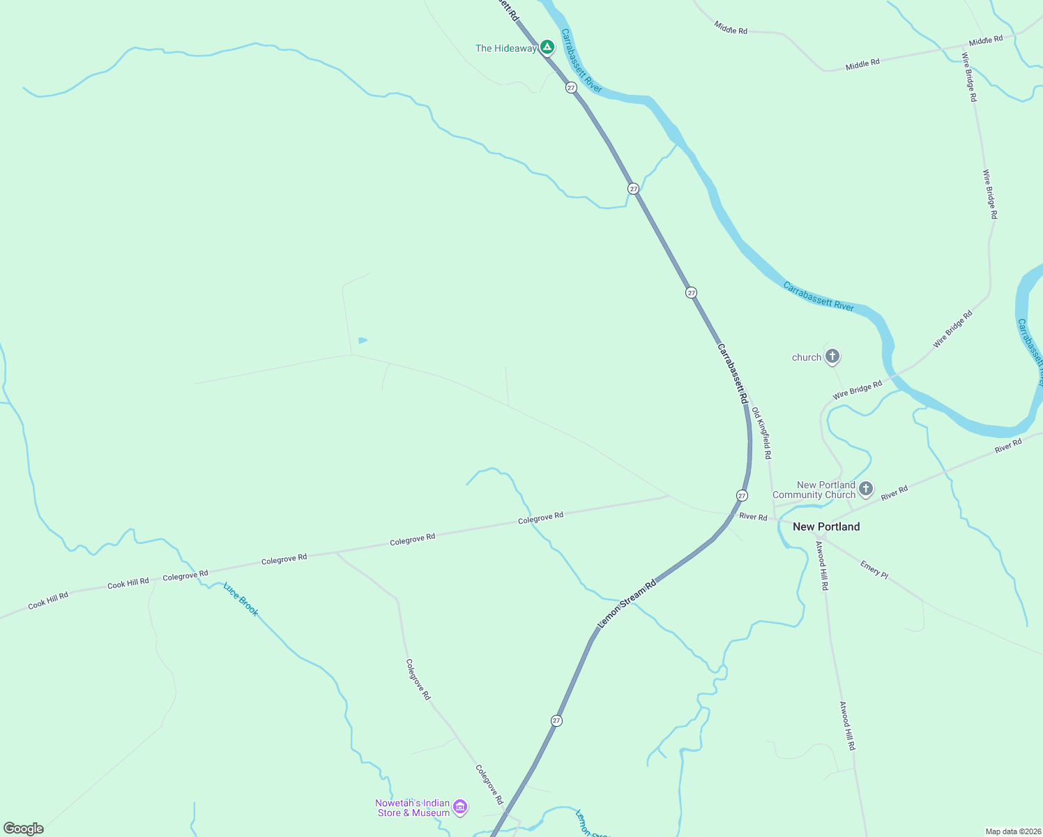 map of restaurants, bars, coffee shops, grocery stores, and more near 150 Chick Road in New Portland