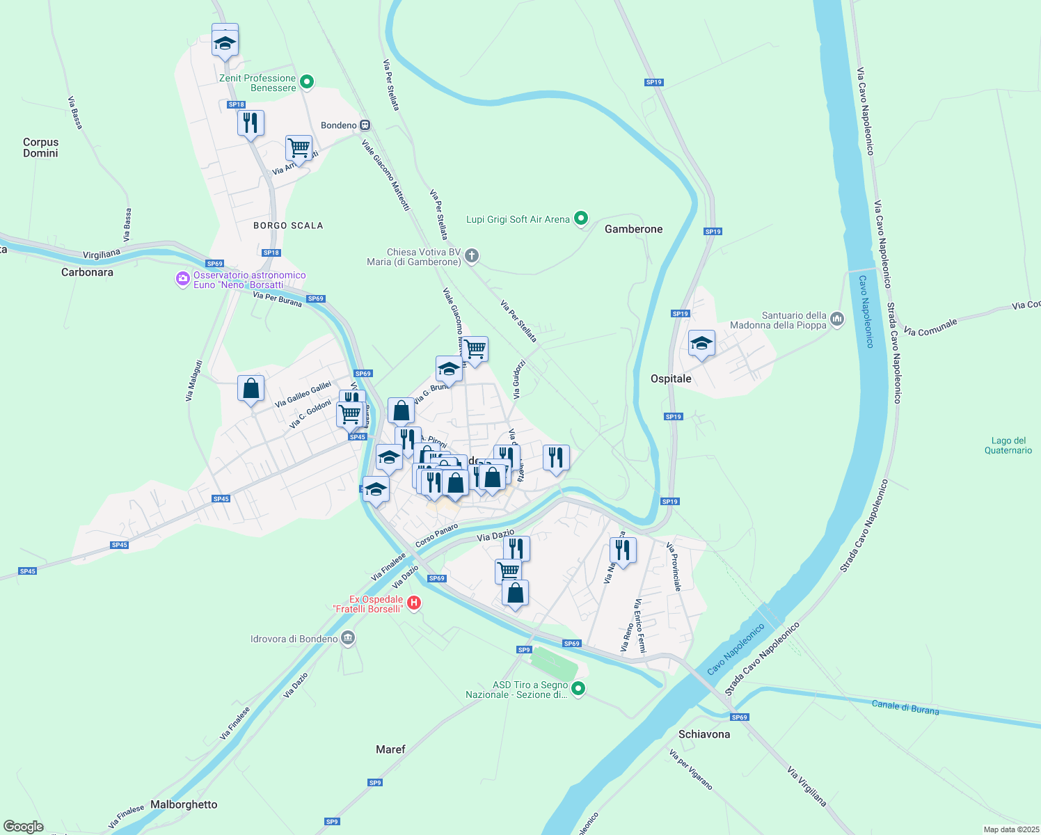 map of restaurants, bars, coffee shops, grocery stores, and more near 19 Via XXV Aprile in Bondeno
