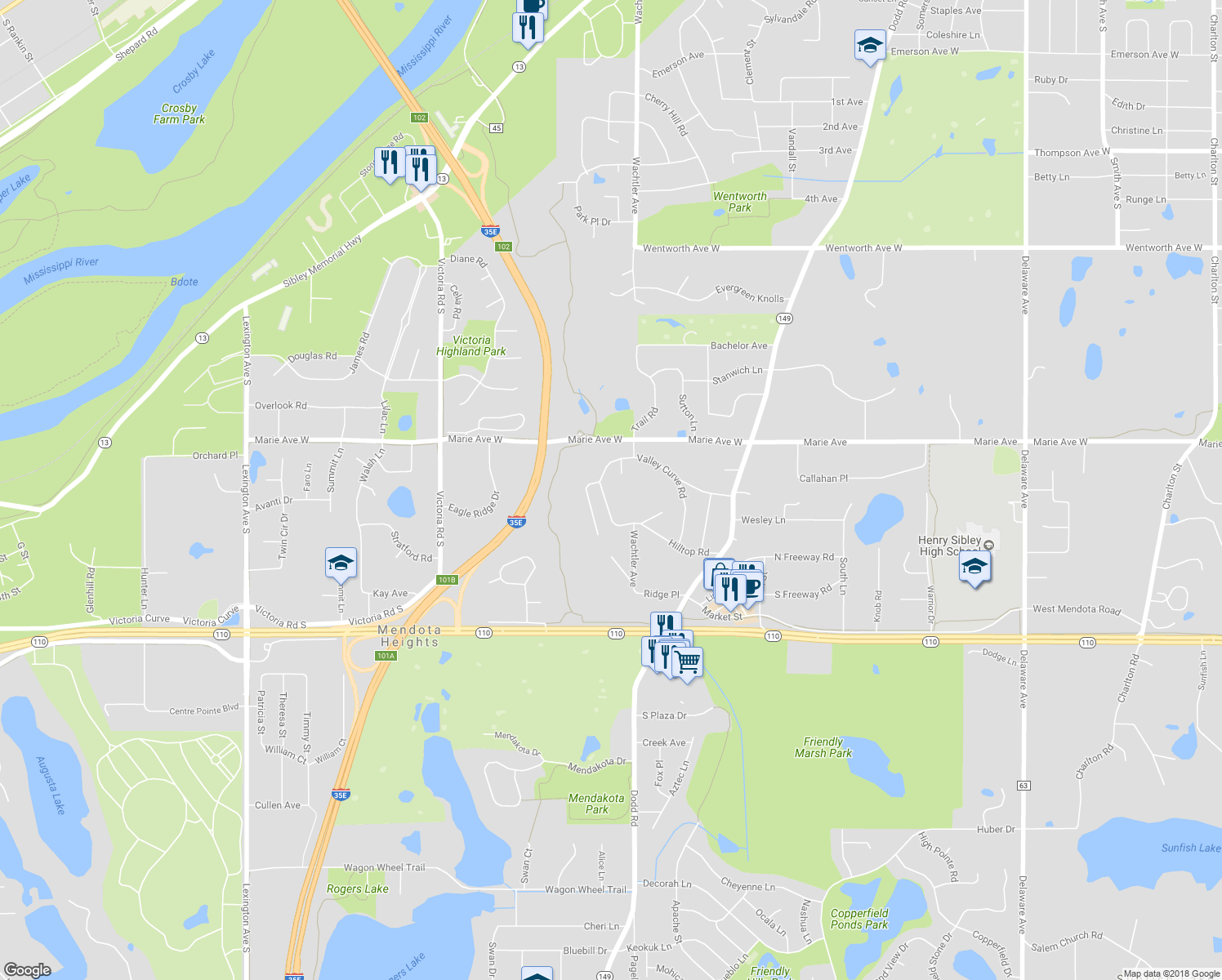 map of restaurants, bars, coffee shops, grocery stores, and more near 829 Hilltop Road in Mendota Heights