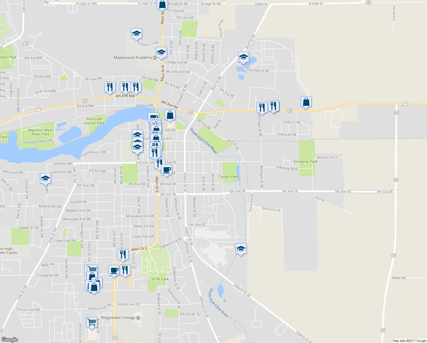 map of restaurants, bars, coffee shops, grocery stores, and more near 615 3rd Avenue Southeast in Hutchinson
