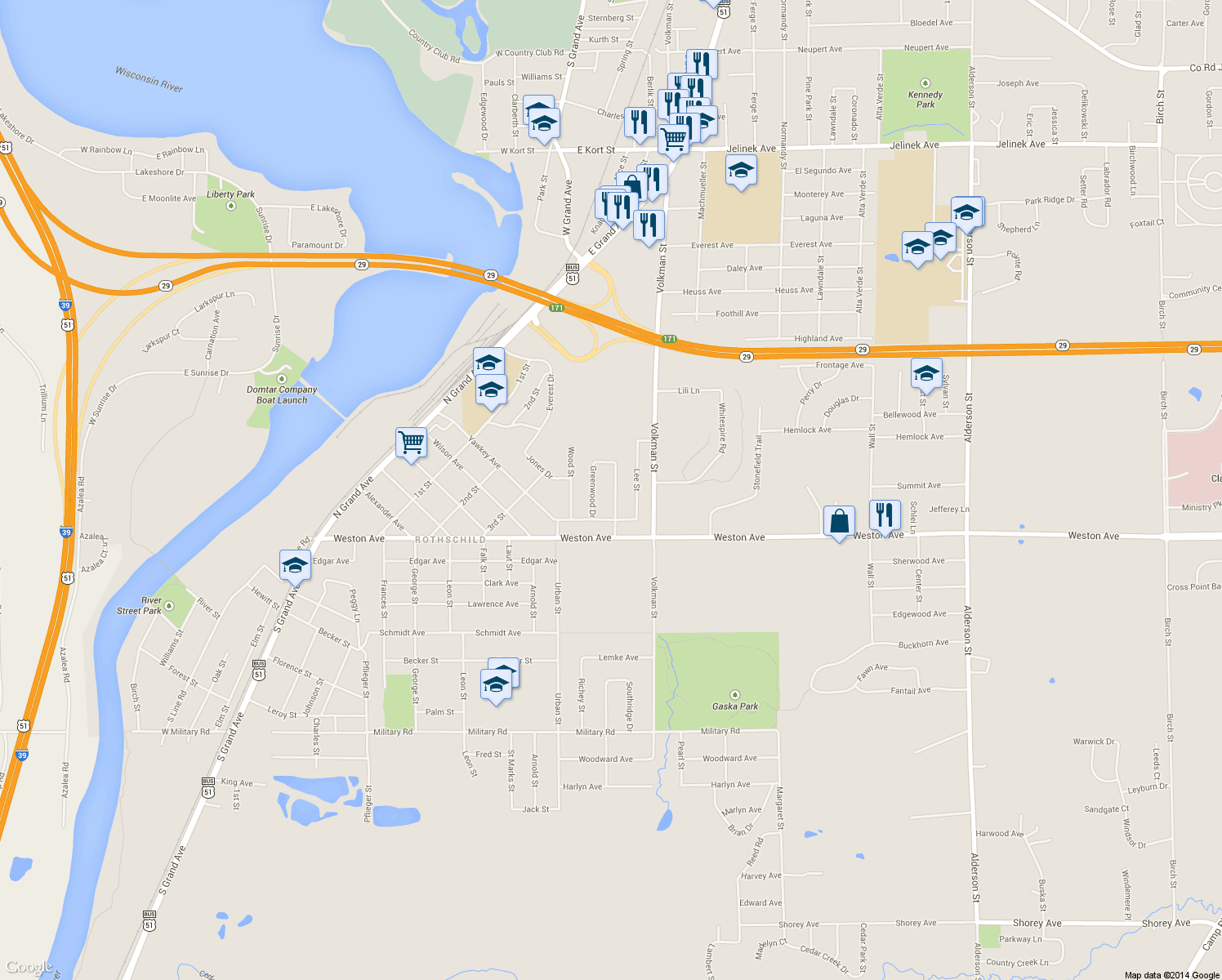 map of restaurants, bars, coffee shops, grocery stores, and more near 206 Greenwood Dr in Rothschild