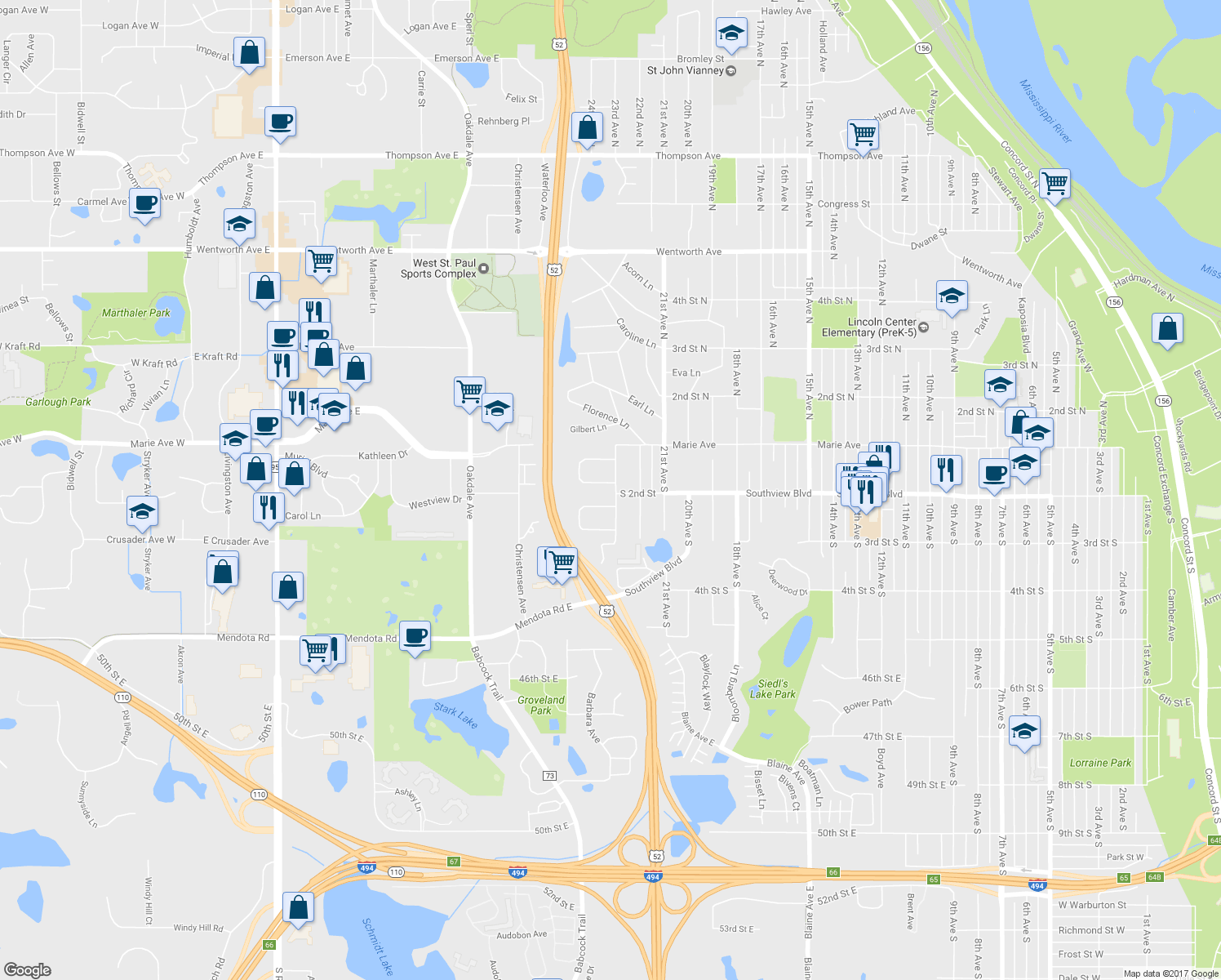 map of restaurants, bars, coffee shops, grocery stores, and more near 2301 Kraft Street in South Saint Paul