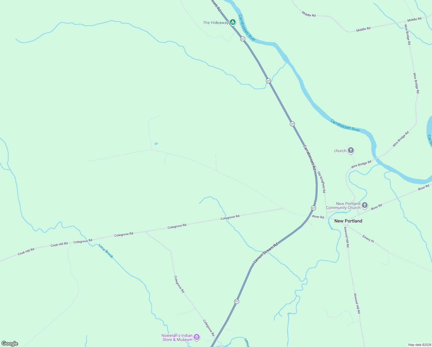 map of restaurants, bars, coffee shops, grocery stores, and more near 150 Chick Road in New Portland