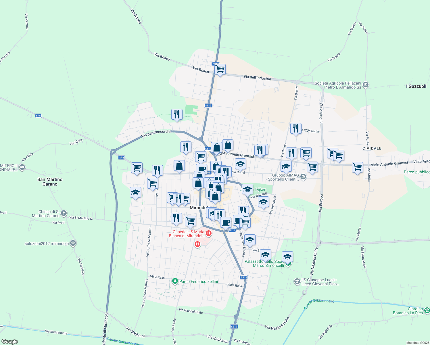 map of restaurants, bars, coffee shops, grocery stores, and more near 9 Viale V Martiri in Mirandola