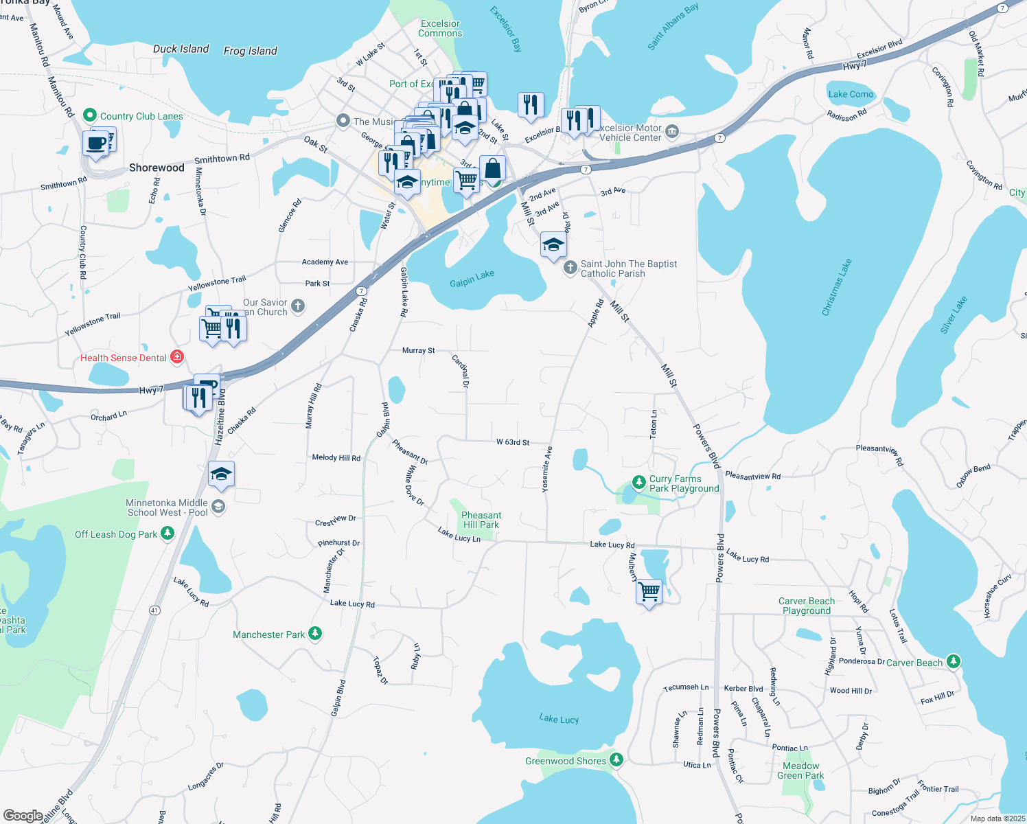 map of restaurants, bars, coffee shops, grocery stores, and more near 1641 Koehnen Cir E in Excelsior