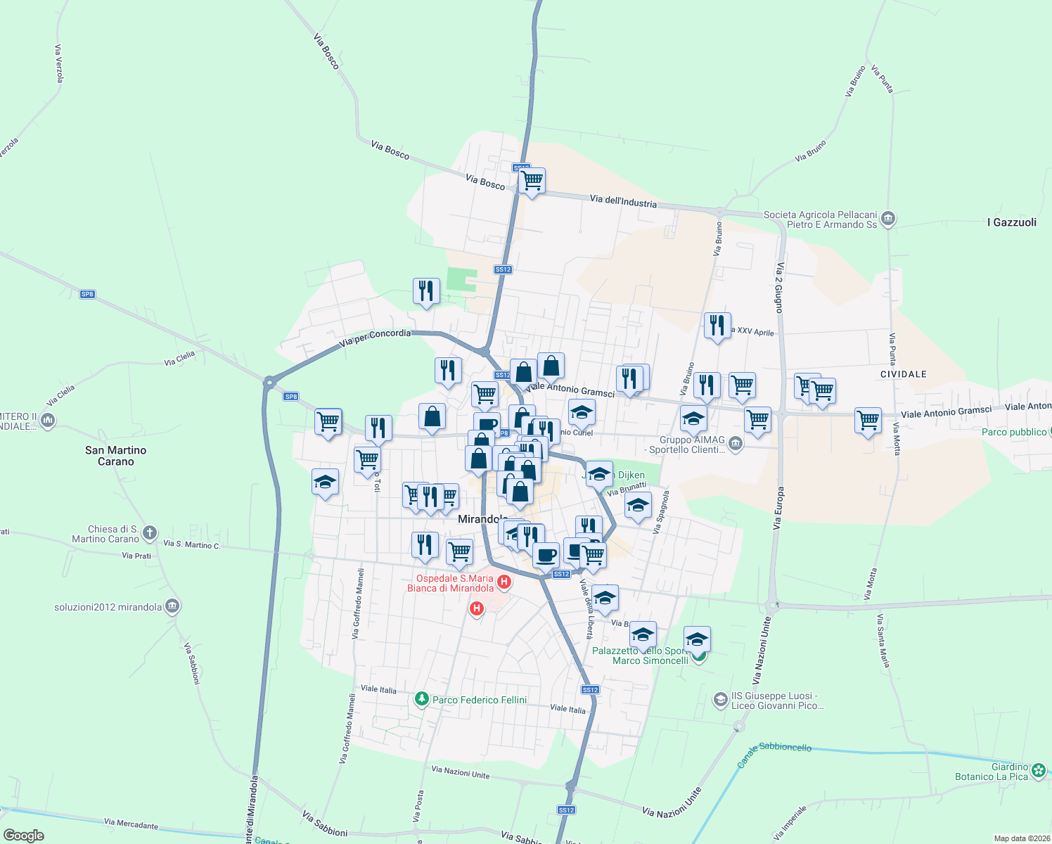 map of restaurants, bars, coffee shops, grocery stores, and more near 9 Viale V Martiri in Mirandola