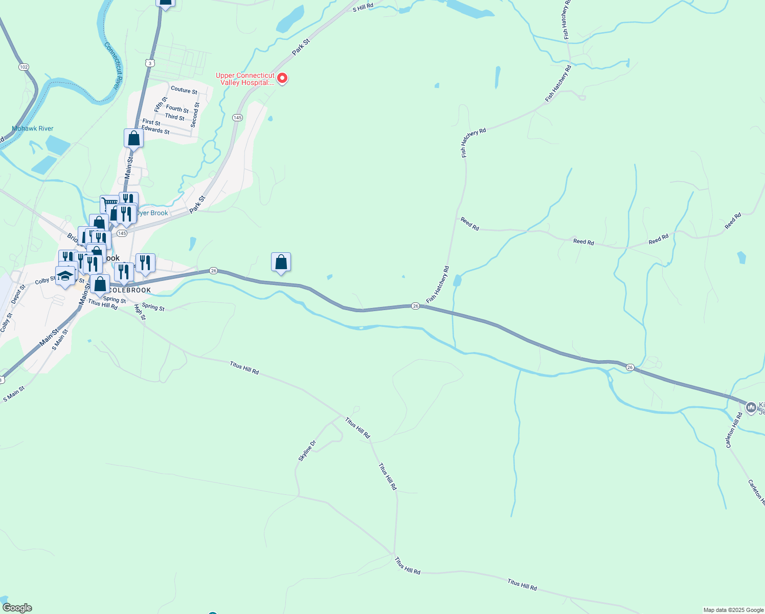 map of restaurants, bars, coffee shops, grocery stores, and more near 160 New Hampshire 26 in Colebrook